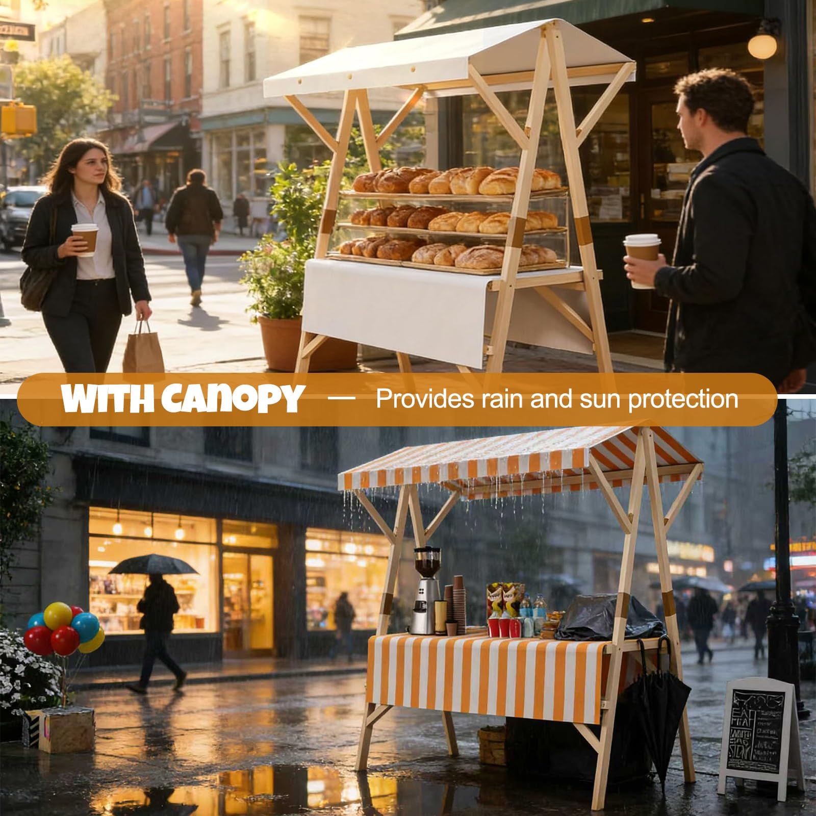 Carrito portátil para vendedores ambulantes con toldo, Soporte de exhibición Comercial para mercados de Agricultores, Comida callejera y Eventos.