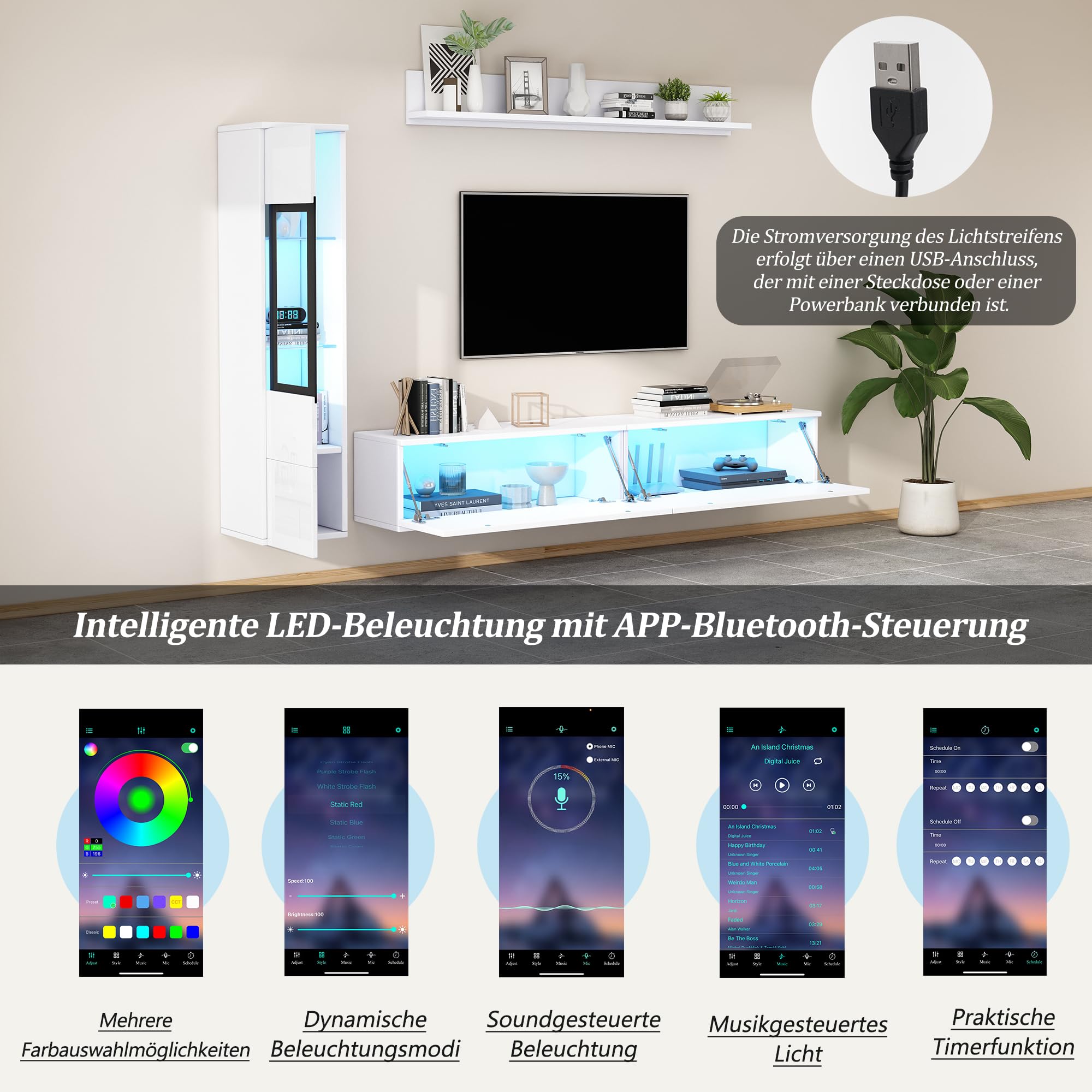 Kebnor TV Wohnwand Set 3-teilig LED Beleuchtung Hochglanz Wohnzimmer Möbel Set Frontale Wohnwand, TV Schrank + Wohnzimmer Vitrine + Hängeregal (Weiß)