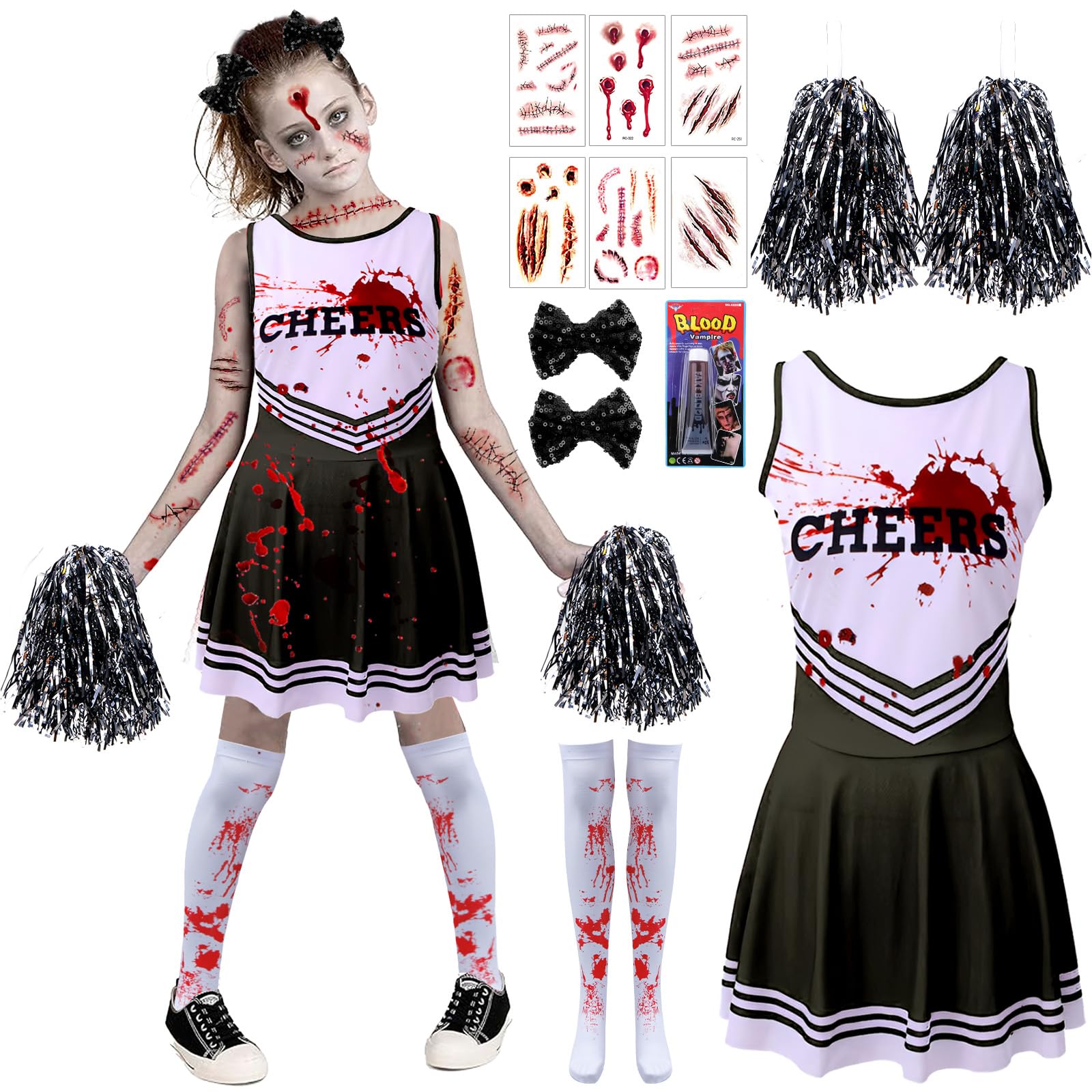 Zombie Cheerleader Costume Kids, Bloody Zombie Cheerleader, Fancy Kids Cheer-leader Costume with Cheer-leader Pom Poms Hairband Socks Scars Tatoo Fake Blood, Special Halloween Costumes for Kid Party