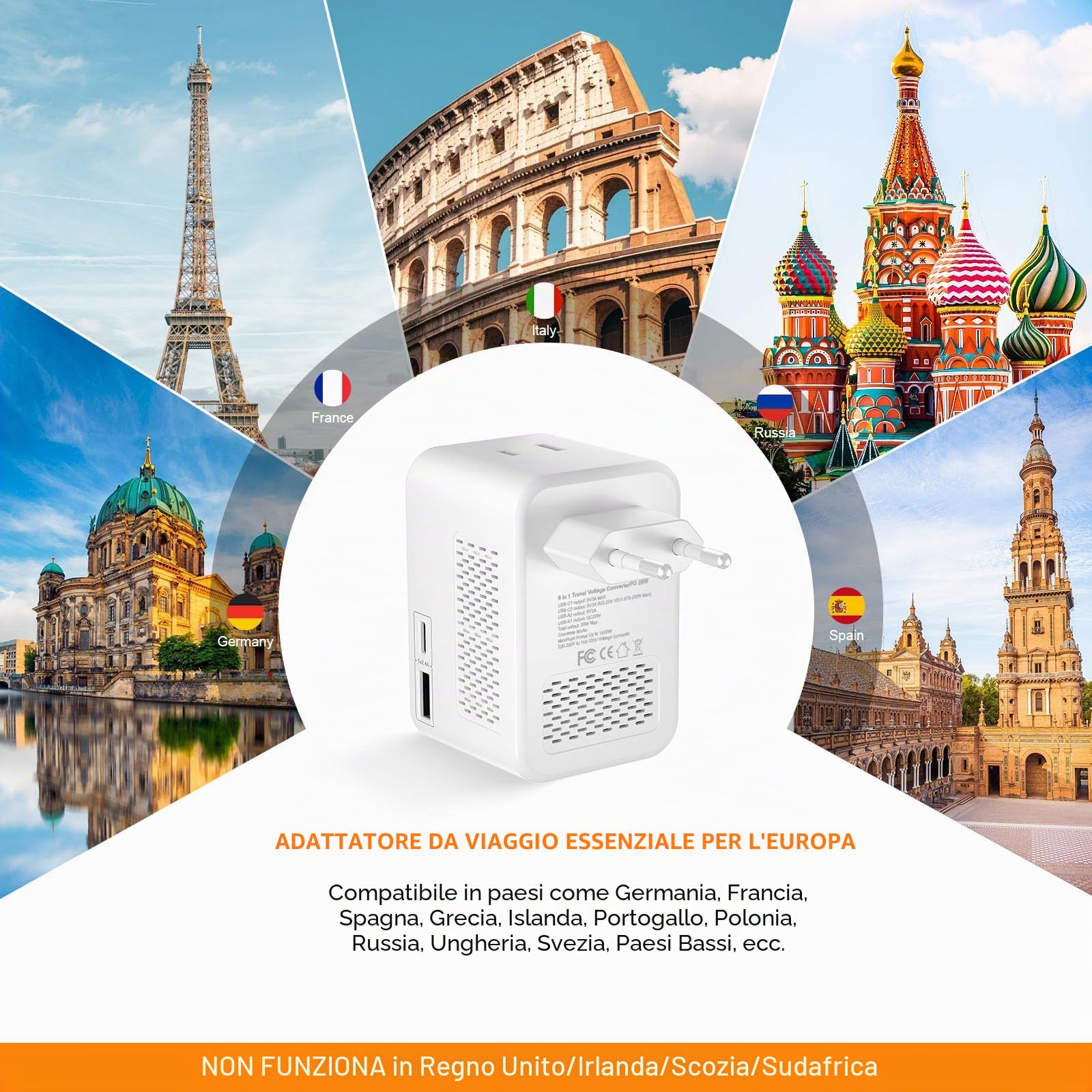 Convertitore di tensione da 220 V a 110 V, 20 W PD, riduce 220 V a 120 V, convertitore da viaggio dagli Stati Uniti all'Europa per oltre 80 paesi, tra cui la maggior parte dei paesi europei, Francia