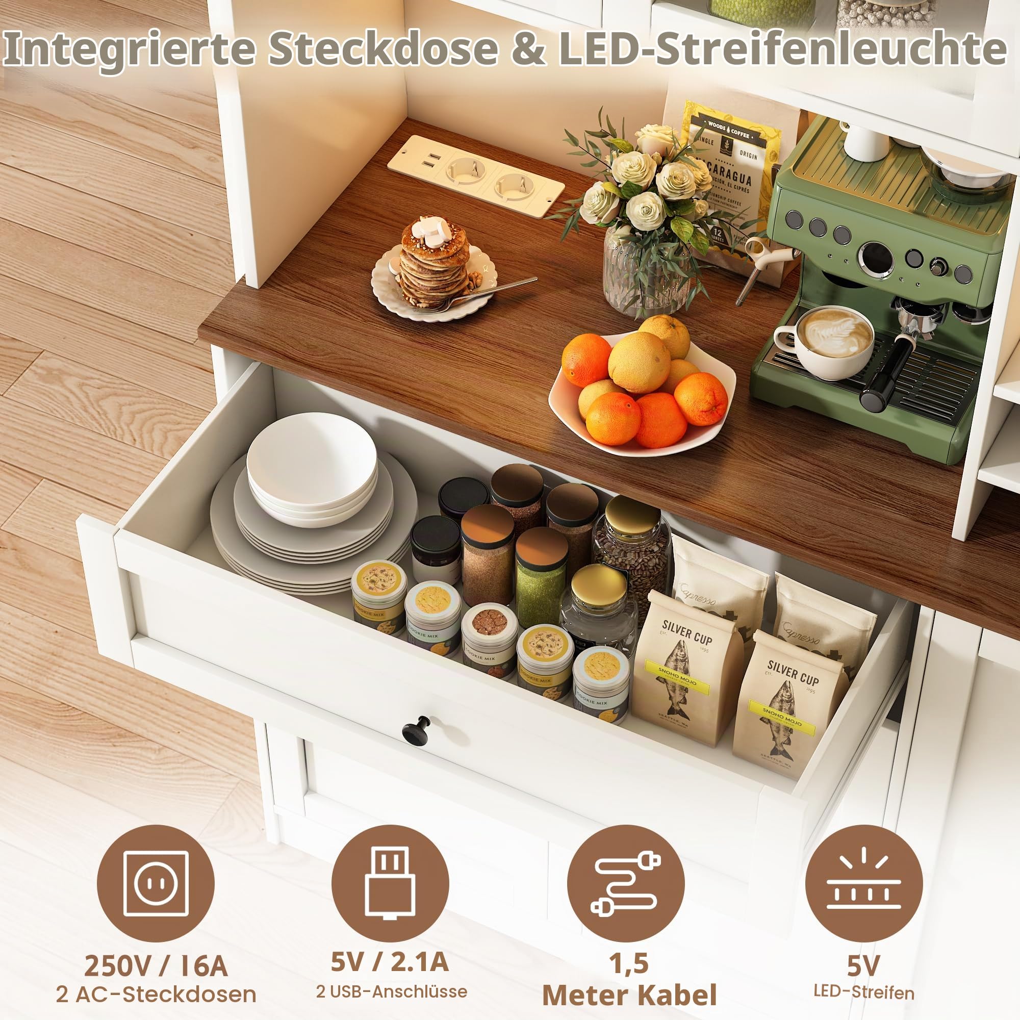 Küchenschrank mit Arbeitsplatte, Buffetschrank mit Weinregal, LED-Licht & Steckdose mit USB, Verstellbare Einlegeböden Anti-Kipp Vorrichtung, Sideboard Küche für Wohnzimmer Esszimmer (Weiß)