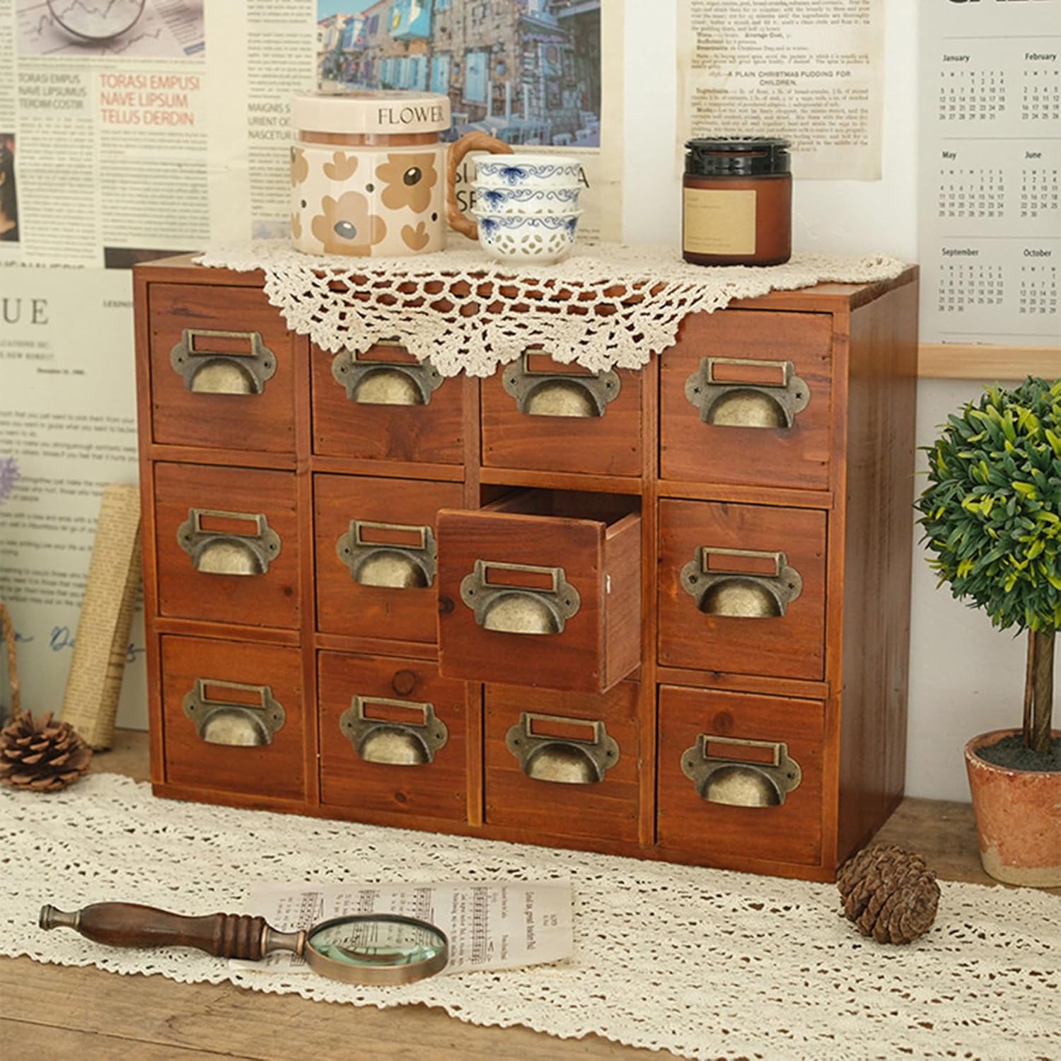 12 Drawers Apothecary Cabinet with Handles,Desktop Library Card Catalog Cabinet,Herb Storage Box,Brown