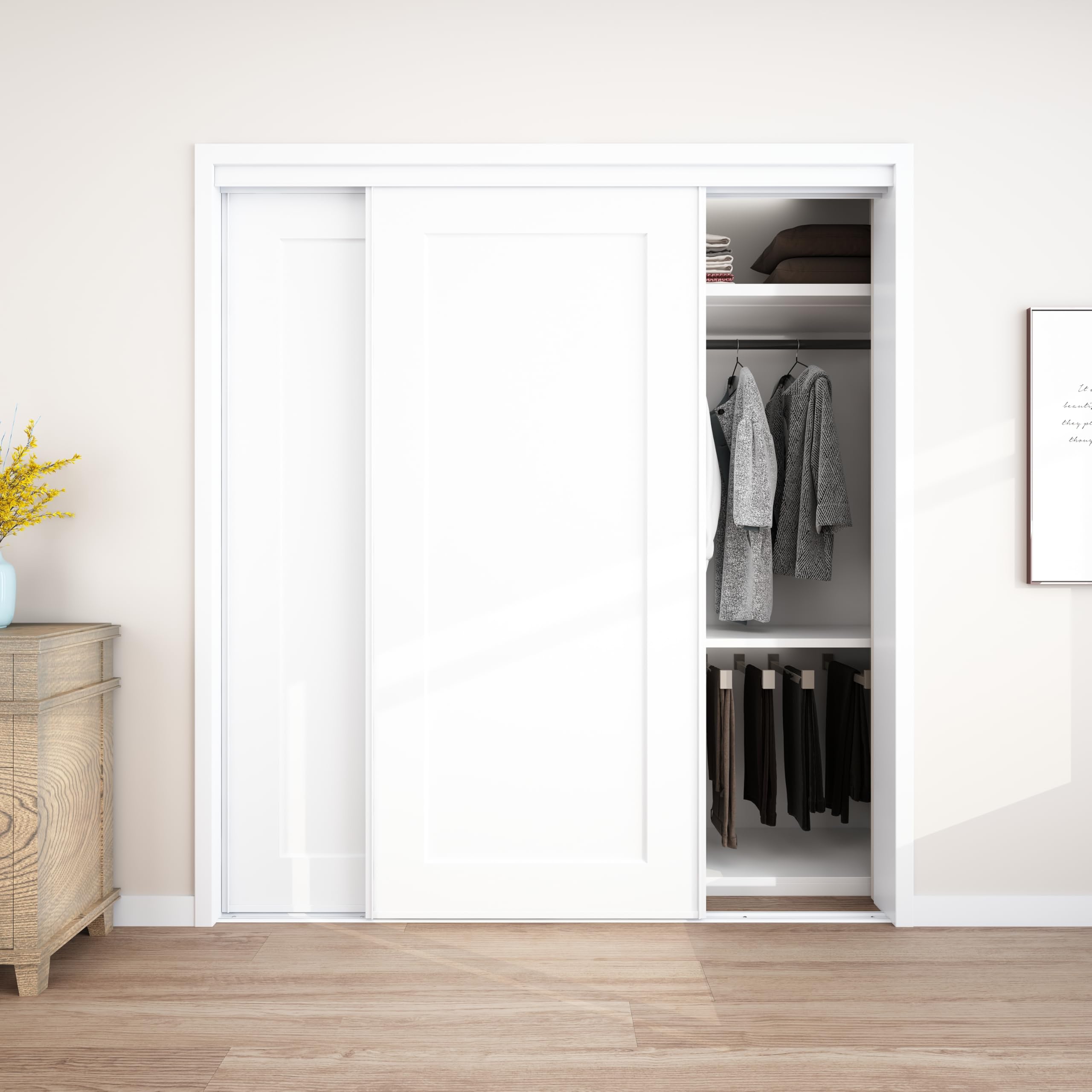 jubest sliding closet door 72"(double 37") x80", 1-panel steel frame bypass primed door with top & bottom track kits, preassembled hardboard panels with paintable surface, durable & sturdy
