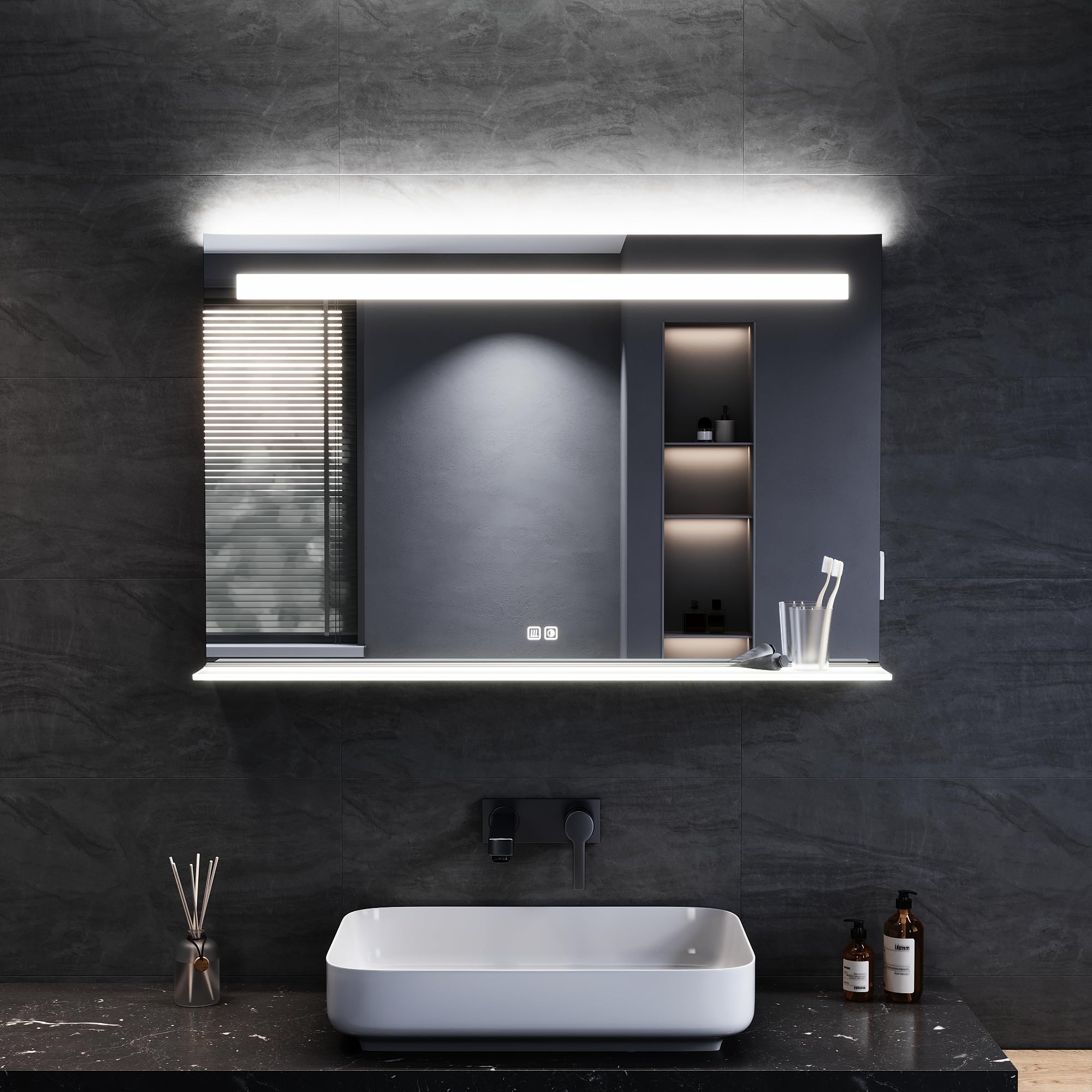 ELEGANT LED Bathroom Mirror with Shaver Socket, 100x65cm Illuminated Bathroom Wall Mirror with 3 Colors Dimmable, Anti-Fog, Memory Function & Touch Sensor, Vanity Mirror with LED Shelf