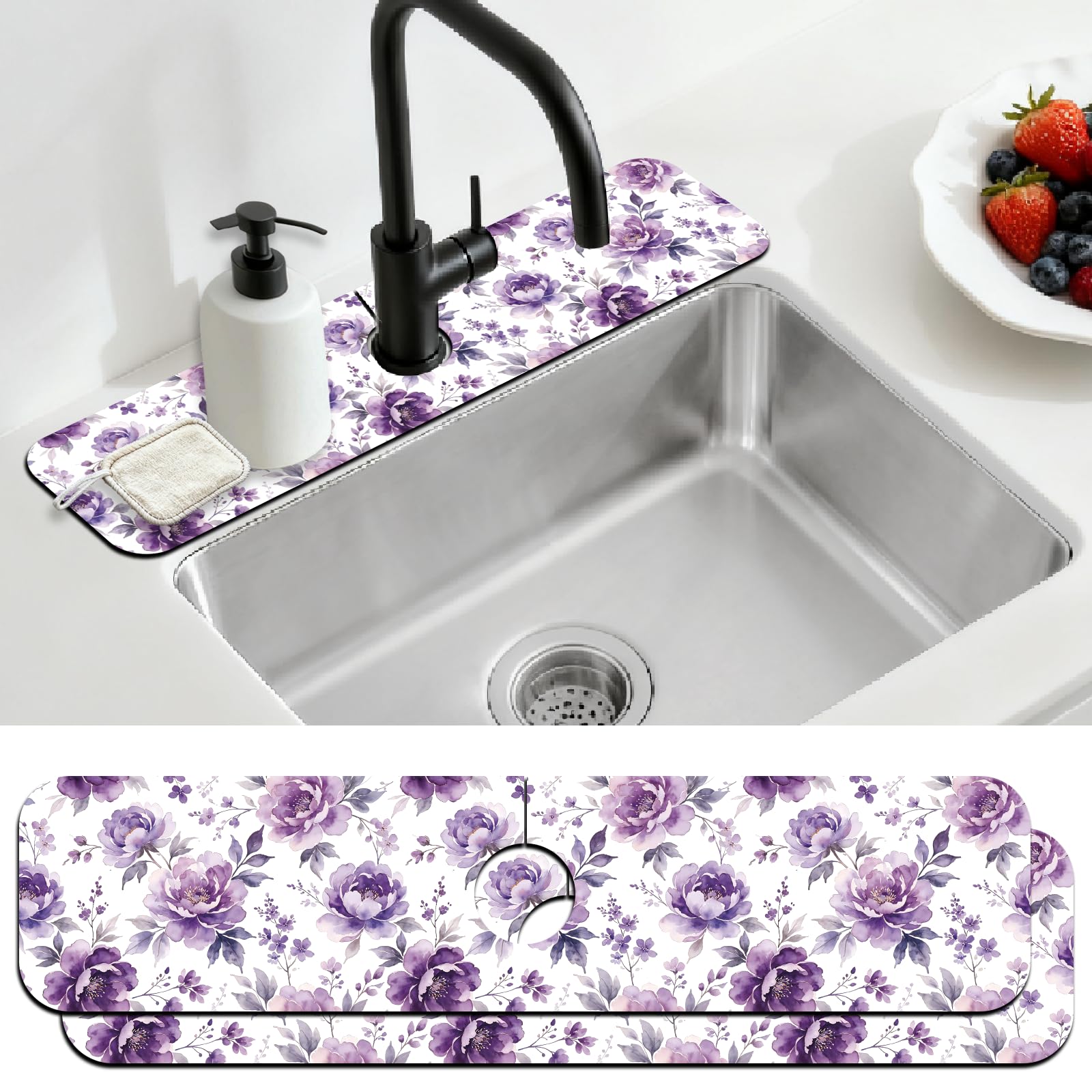 CONCHLERY 2 Pcs Kitchen Sink Splash Guard Faucet Mat Purple Flowers Faucet Mat for Sinks Dreamlike Blooms Absorbing Drying Mats for Kitchen Bathroom, 23.6x5.5inch