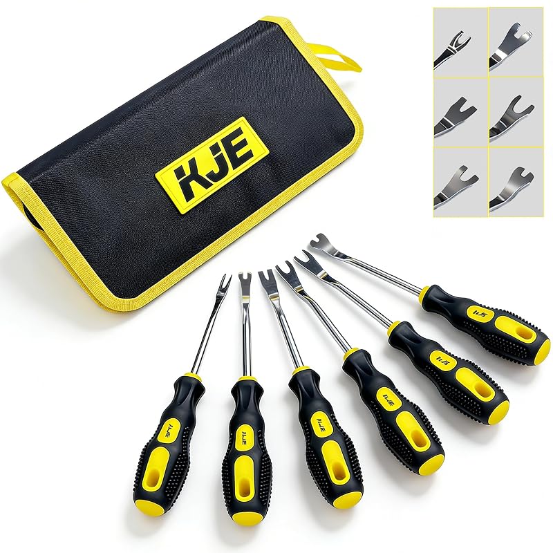 Kit de Ferramentas para Remoção de Acabamentos Automotivos KJE com Cabos de Pegada Macia e Bolsa, 6 Peças