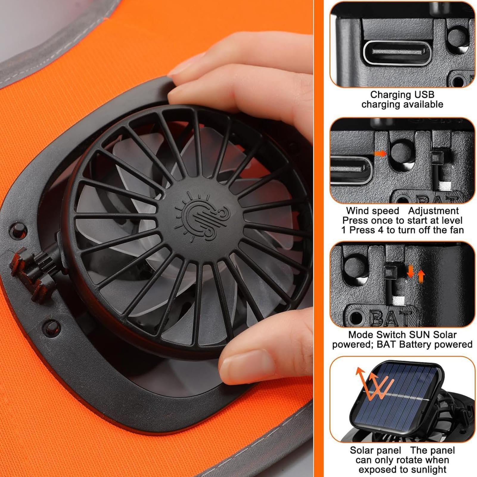 Casque de protection solaire - Bandana respirant avec ventilateur solaire - Protection solaire à bord du casque - Pour travaux en plein air, chantier, mesure, aménagement paysager, couvreur
