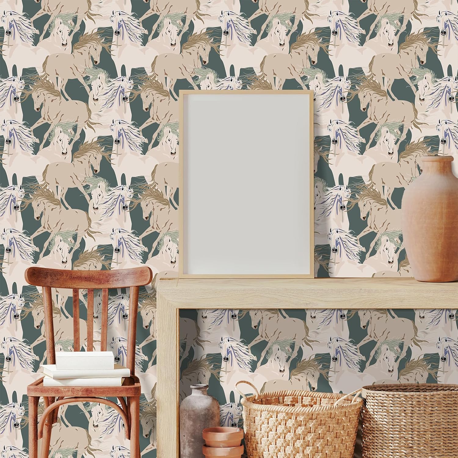 CRE8TIVE Horse Wallpaper Peel and Stick Teal Green Contact Paper for Cabinets and Drawers Waterproof Removable Renter Friendly Wallpaper Self Adhesive Animal Wall Mural for Bedroom Farmhouse 12"x118"