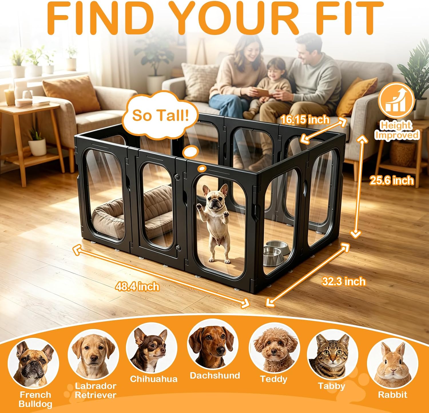 Acrylic Dog Playpen, 8-Panel Clear Transparent Puppy Playpen for Small Dogs Indoor Outdoor, Easy Assembly Foldable Pet Exercise Pen with Locking Door (Black, 25.6 INCH, 10 Panels) image 2