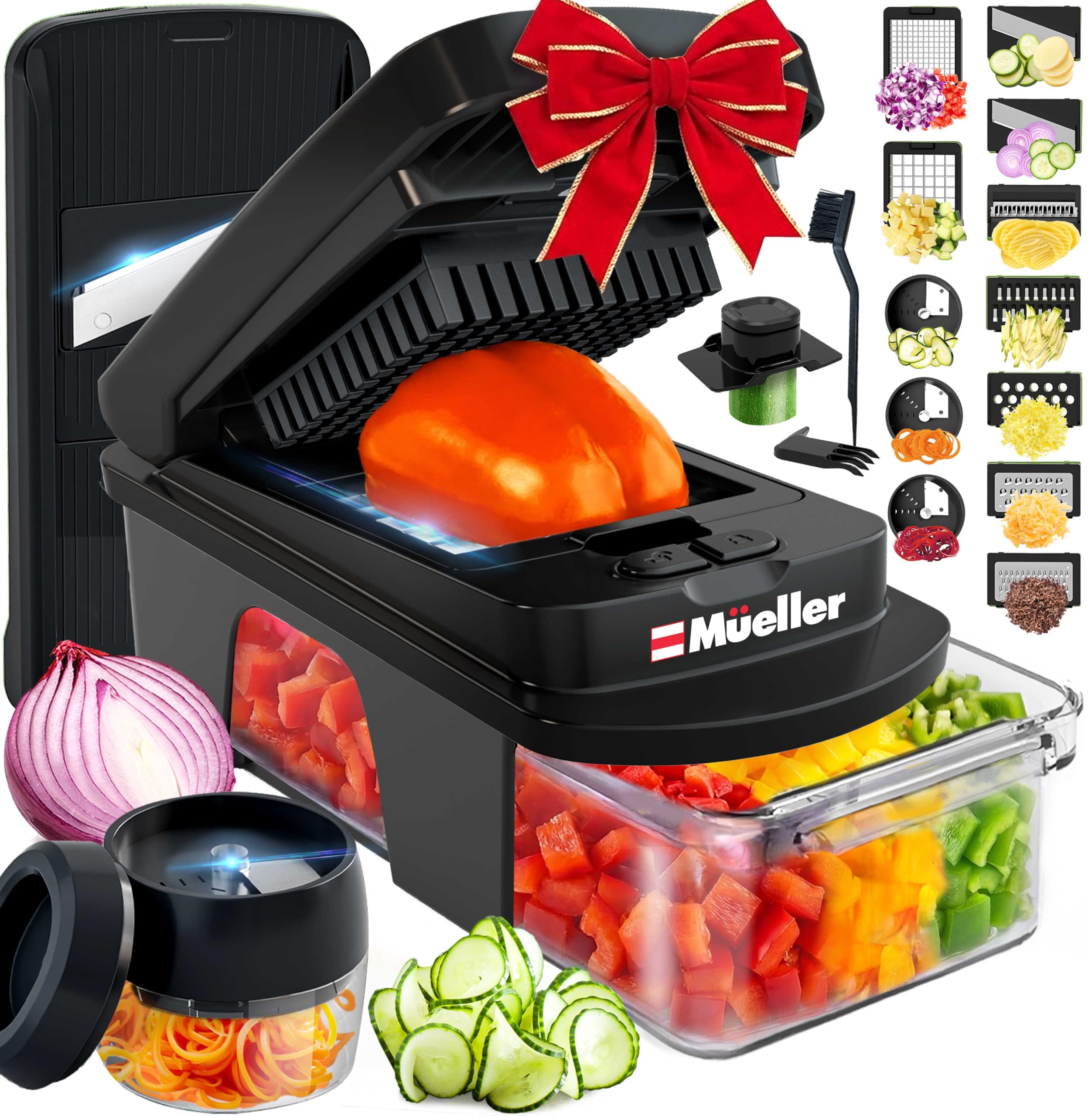 Mueller Pro-Series All-in-One, 12 Blade Mandoline Slicer for Kitchen, Food Chopper, Cucumber Slicer and Spiralizer, Cutter, Dicer, Grater, Gifts for Mom, Kitchen Essentials, White Sand/Green