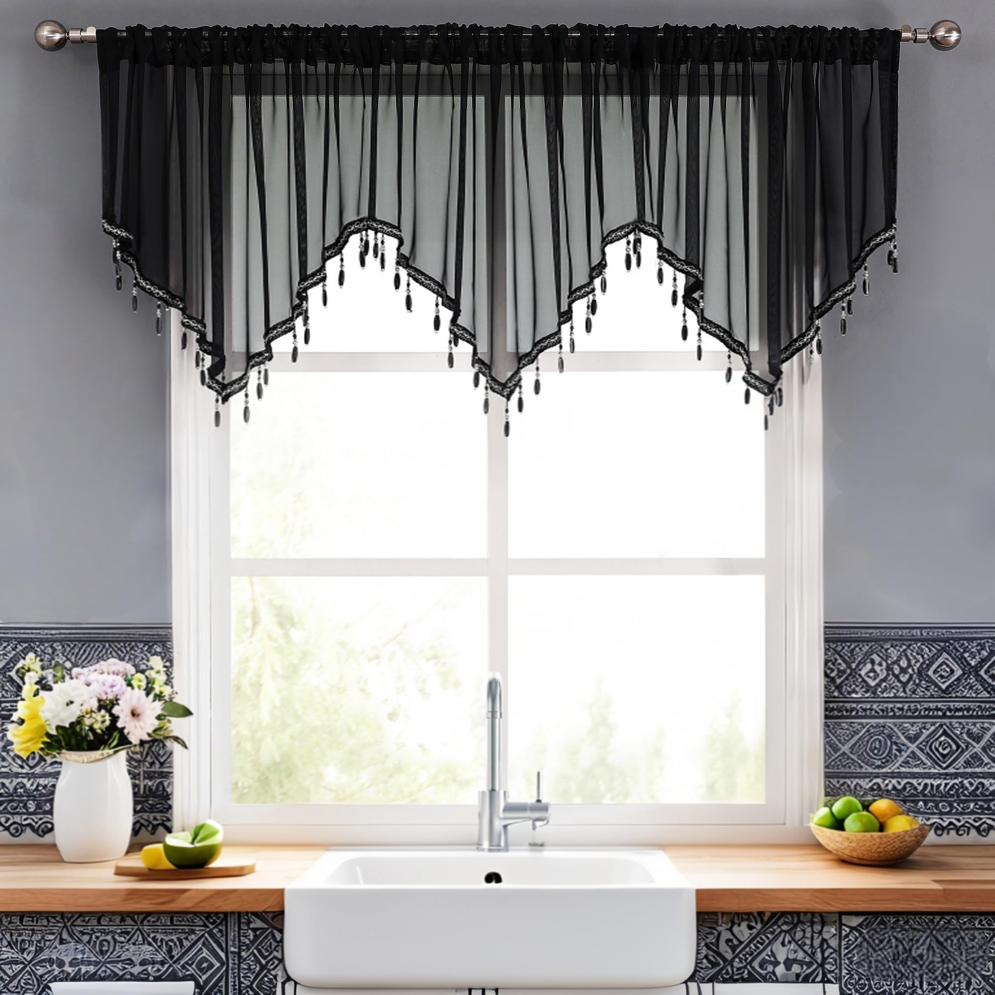 WUBODTI Halloween Black Beaded Sheer Valance Curtains for Windows 3Pcs, Gothic Farmhouse Window Valance Beads Tassel Semi Sheer Curtain Valances for