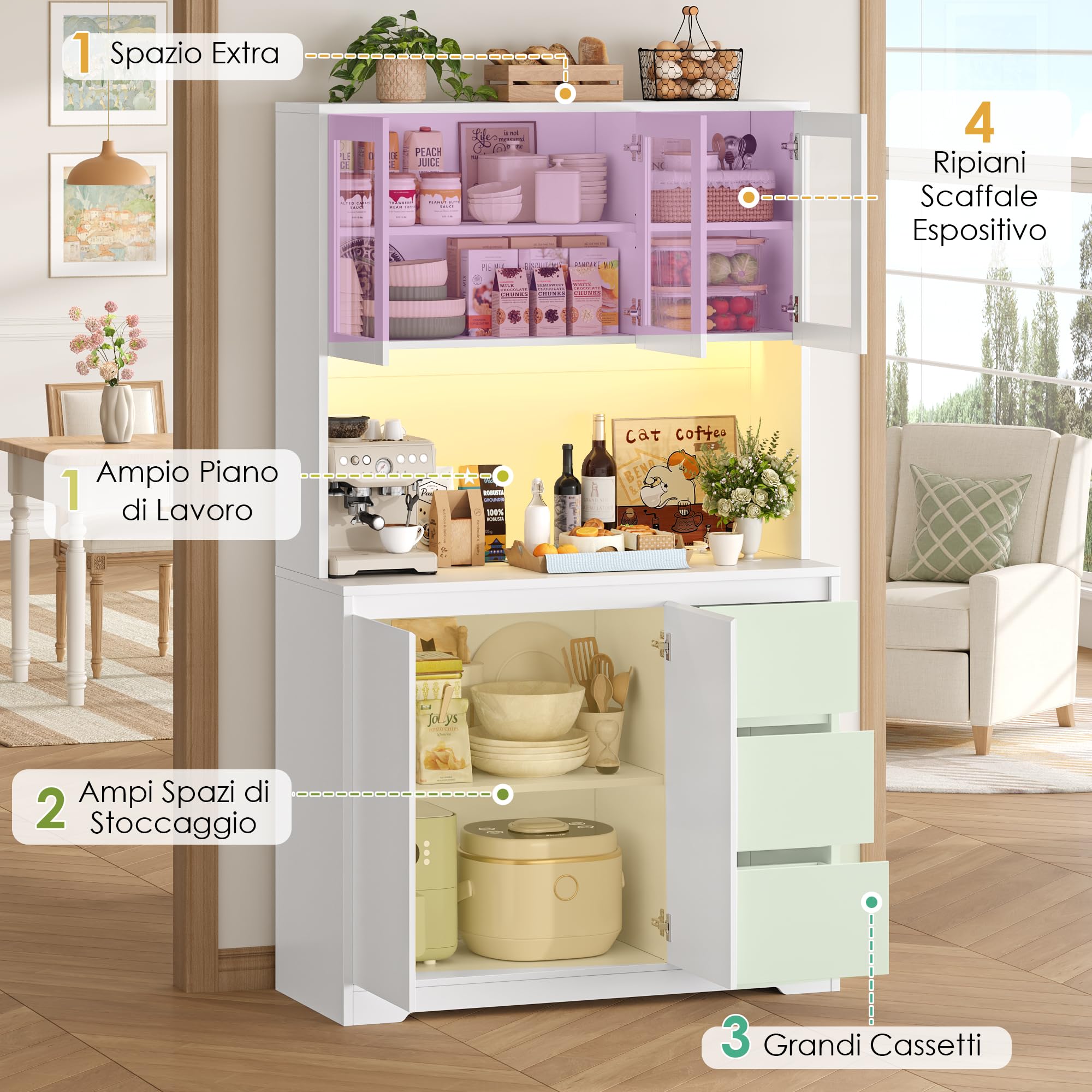 FirFurd Credenza Cucina, Credenza Alta con Luci a LED e Prese, Mobile Buffet con Cassetti e Armadi, Ripiani Regolabili, per Cucina, Soggiorno, Studio180x100x38,5cm (Bianco)