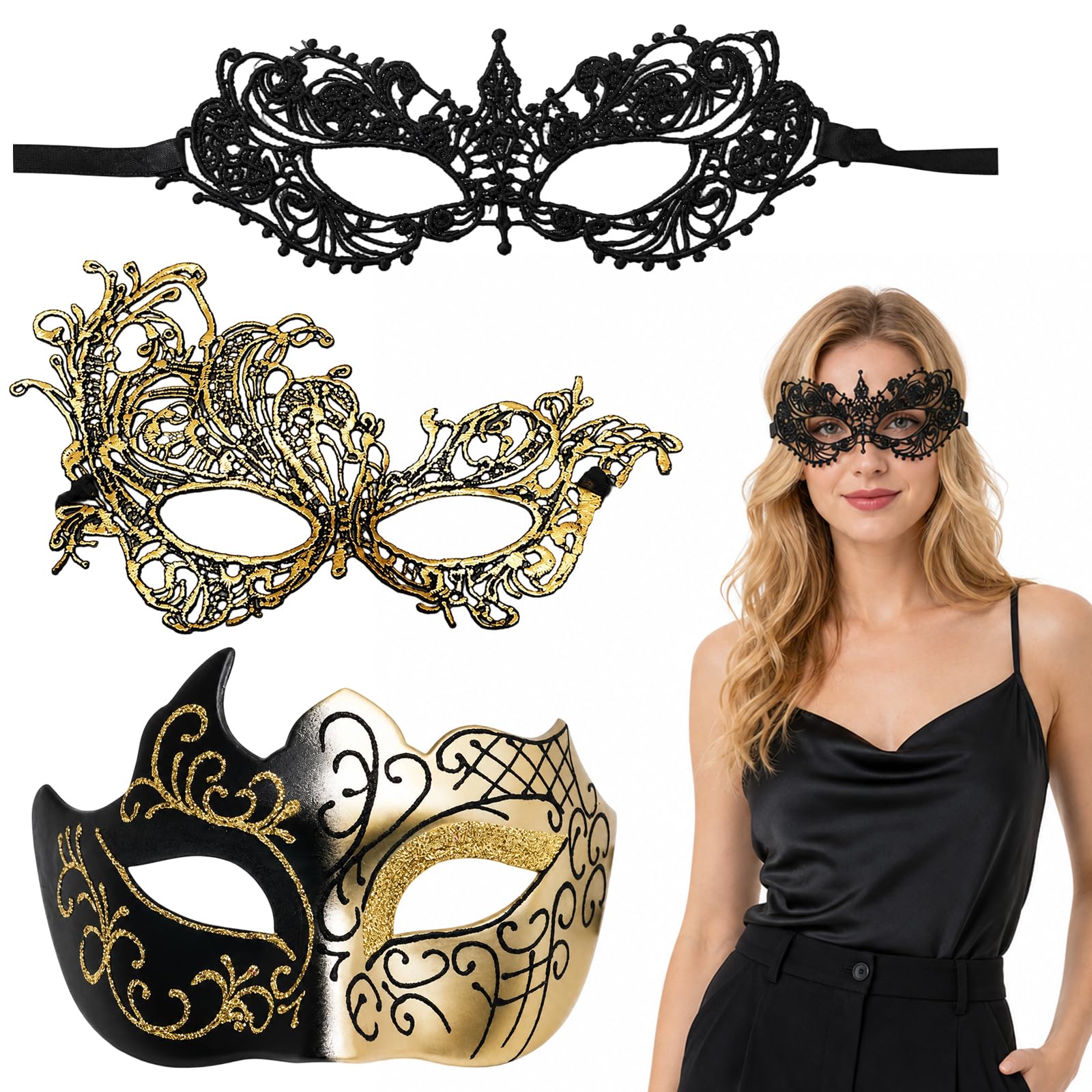 KAZGVN 3Pcs Masquerade Mask, Mask for Couple Men Women Elegant Golden Phoenix Design with Multiple Angles, Ideal for Costume Parties, Halloween Events, and Themed Celebrations