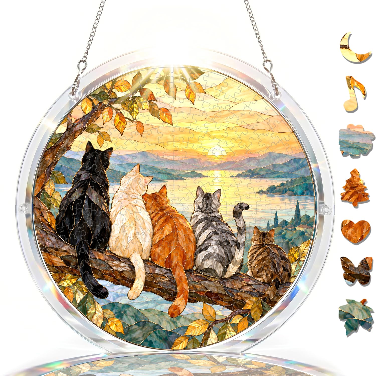 5 Cats Acrylic Jigsaw Puzzle Suncatcher Sunset Lake Mosaic Decor 7.4"