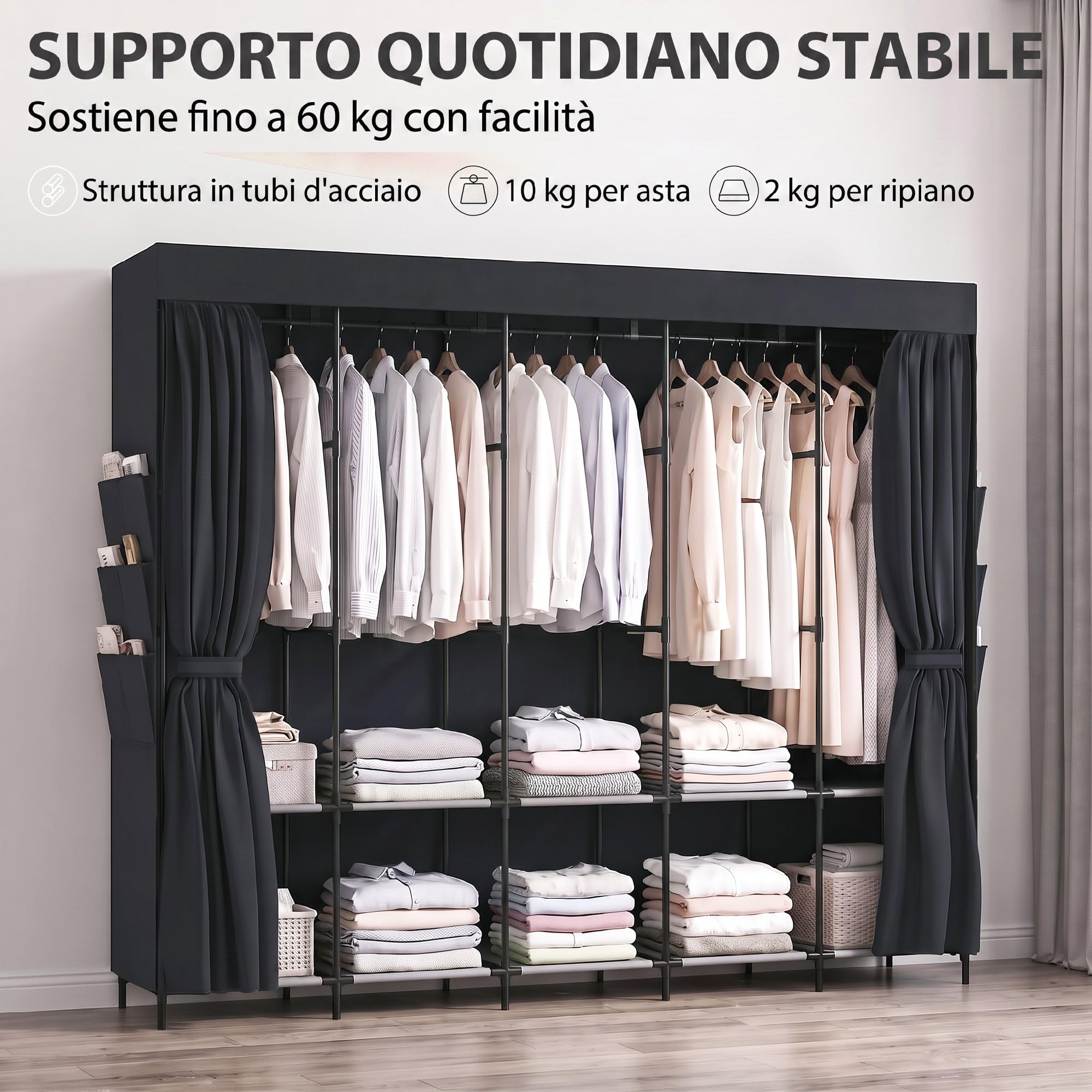 HOMCOM Armadio in Tessuto Salvaspazio 5 Aste 5 Ripiani 212x45x167 cm, Nero