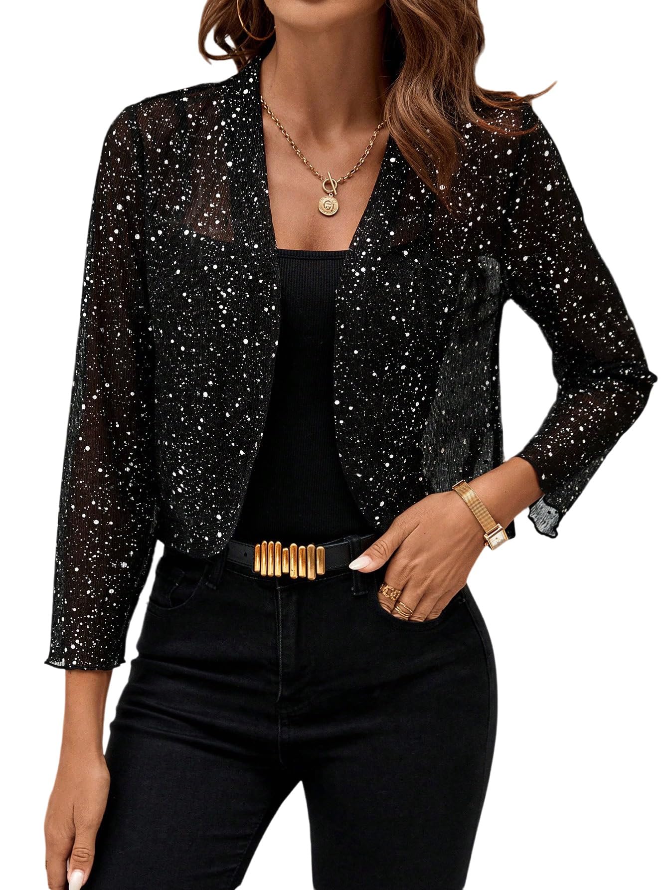 GORGLITTER Hauts à paillettes pour femme - Tenue de fête en maille - Veste transparente - Tenue d'été - Cardigan léger à manches longues