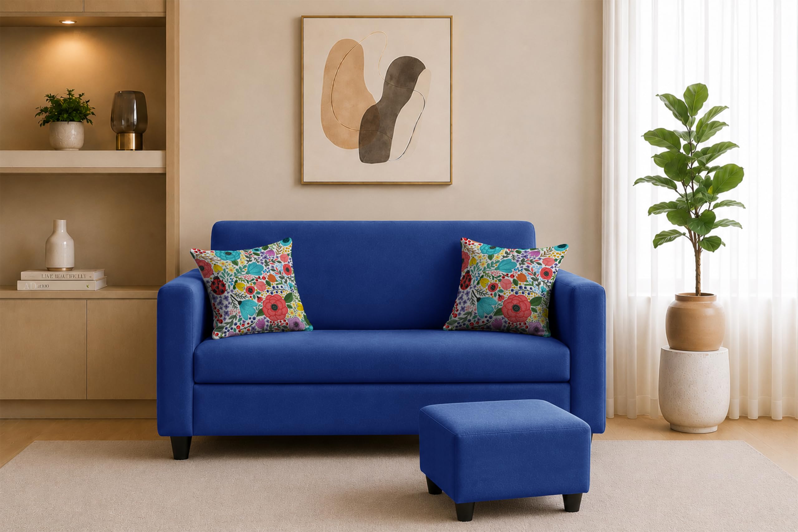 Rosebell 2 Seater Sofa with Ottoman | Living Room Couch | with Printed Cushions | Sofa for Home, Apartment & Office-Blue Color