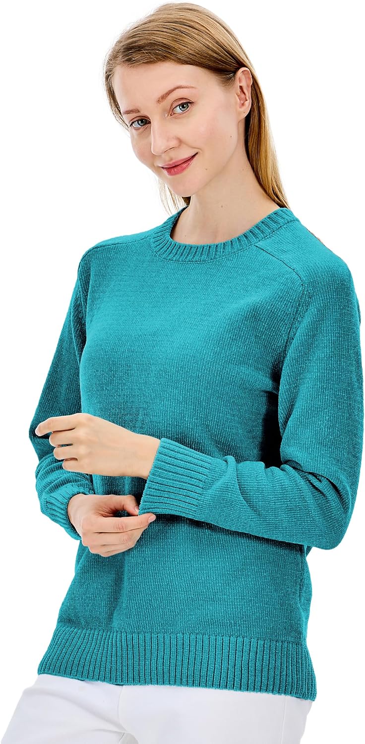 Simple&Opulence Women's Chenille Sweater Crewneck Long Sleeve Pullover Ribbed Cuff Hem Round Neck Jumper Tops