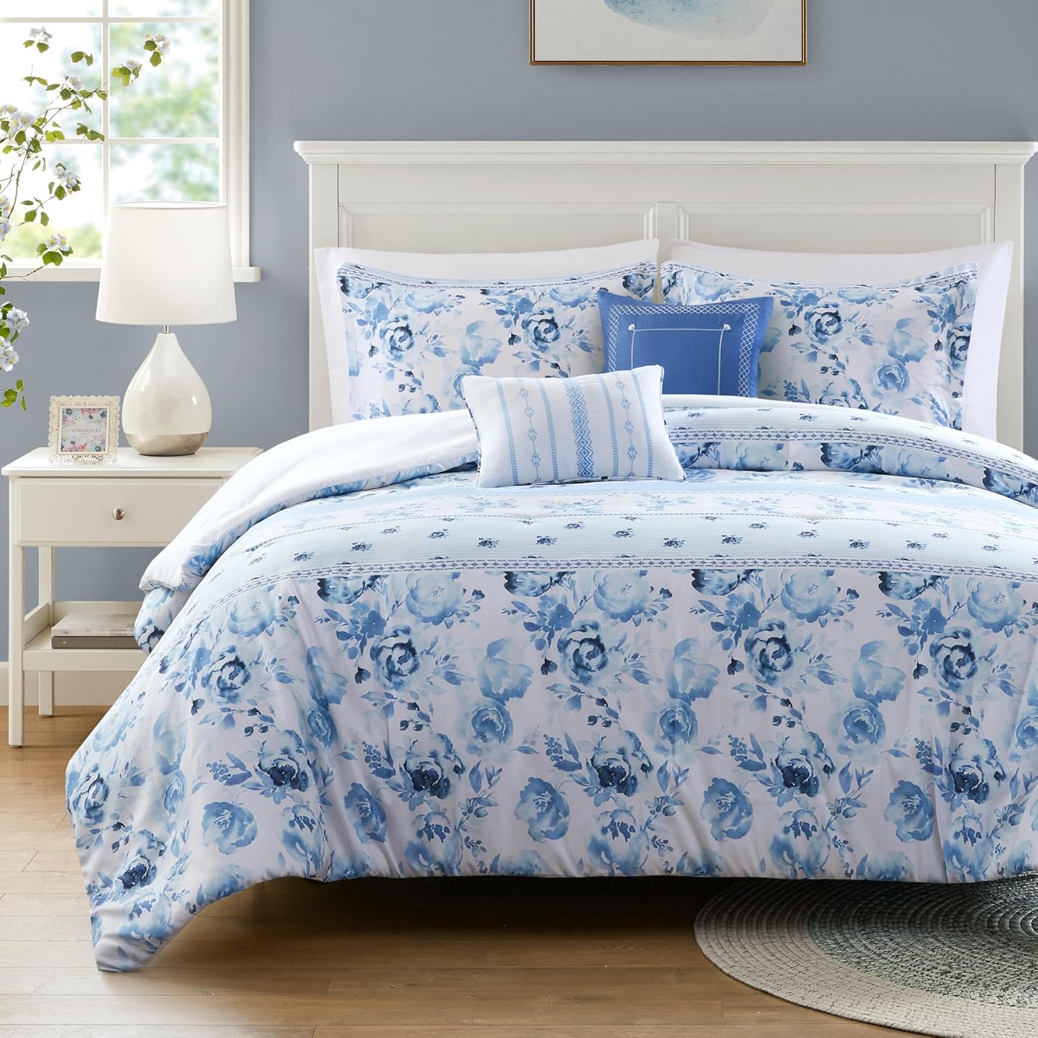 Intelligent Design Queen Comforter Set, Vintage Floral & Stripes Design, Solid Reverse, Microfiber Lightweight All Seasons Down Alternative Fill, Sham & Décor Pillows, Christa, Full/Queen Blue 5 Piece Blue F/Q Comforter
