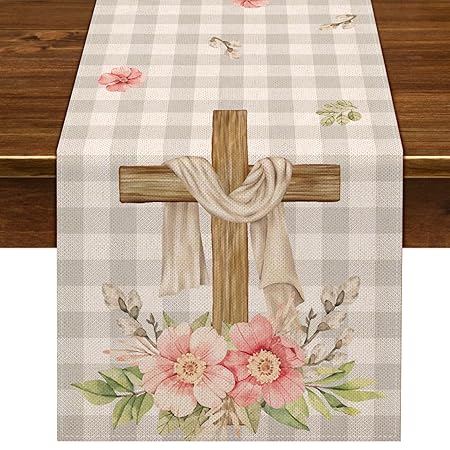 Nepnuser He is Risen Buffalo Check Table Runner 72inches Long Easter Christian Cross Spring Flower Holiday Decoration Floral Home Kitchen Dining Room Decor