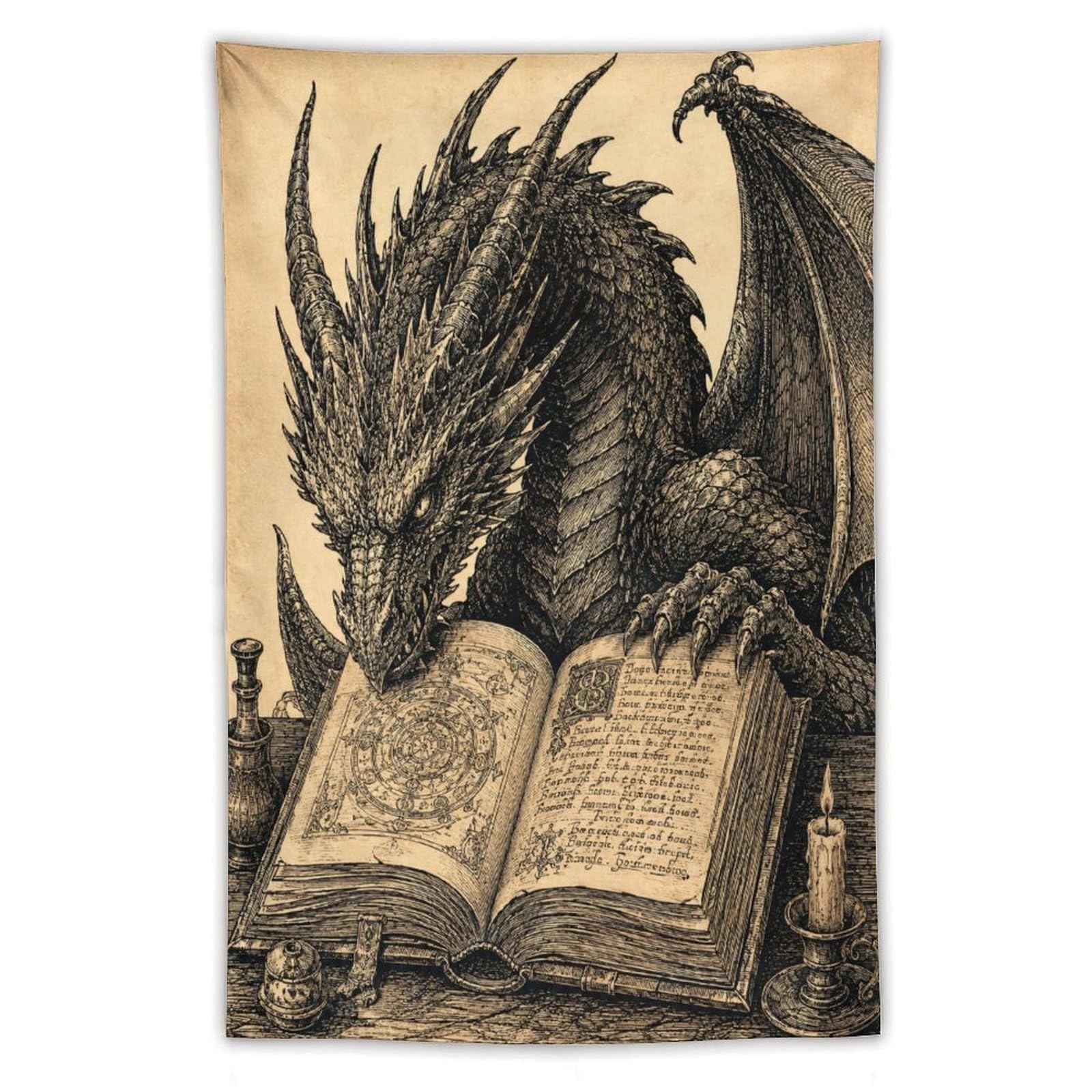 W7C8U2X3 Dragon Reading Book Wall Tapestry, Surrealist Style, Bedroom