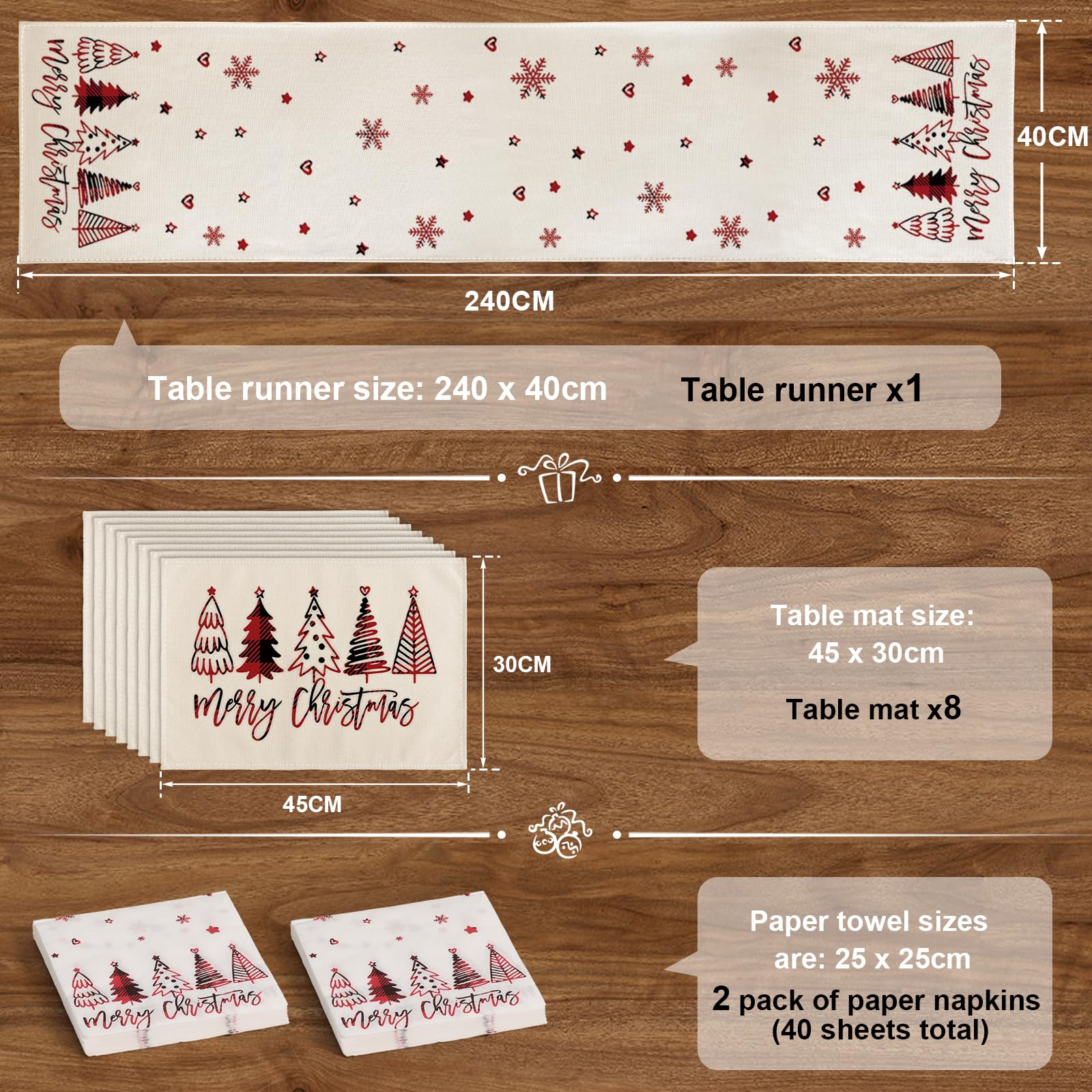 YCOLL Runner da Tavola Natalizio Beige/Rosso Invernale Impermeabile, Moderno con Tovagliette e Tovaglioli, per Decorazioni Tavola Interno Esterno, Cucina, Feste e Cena di Natale