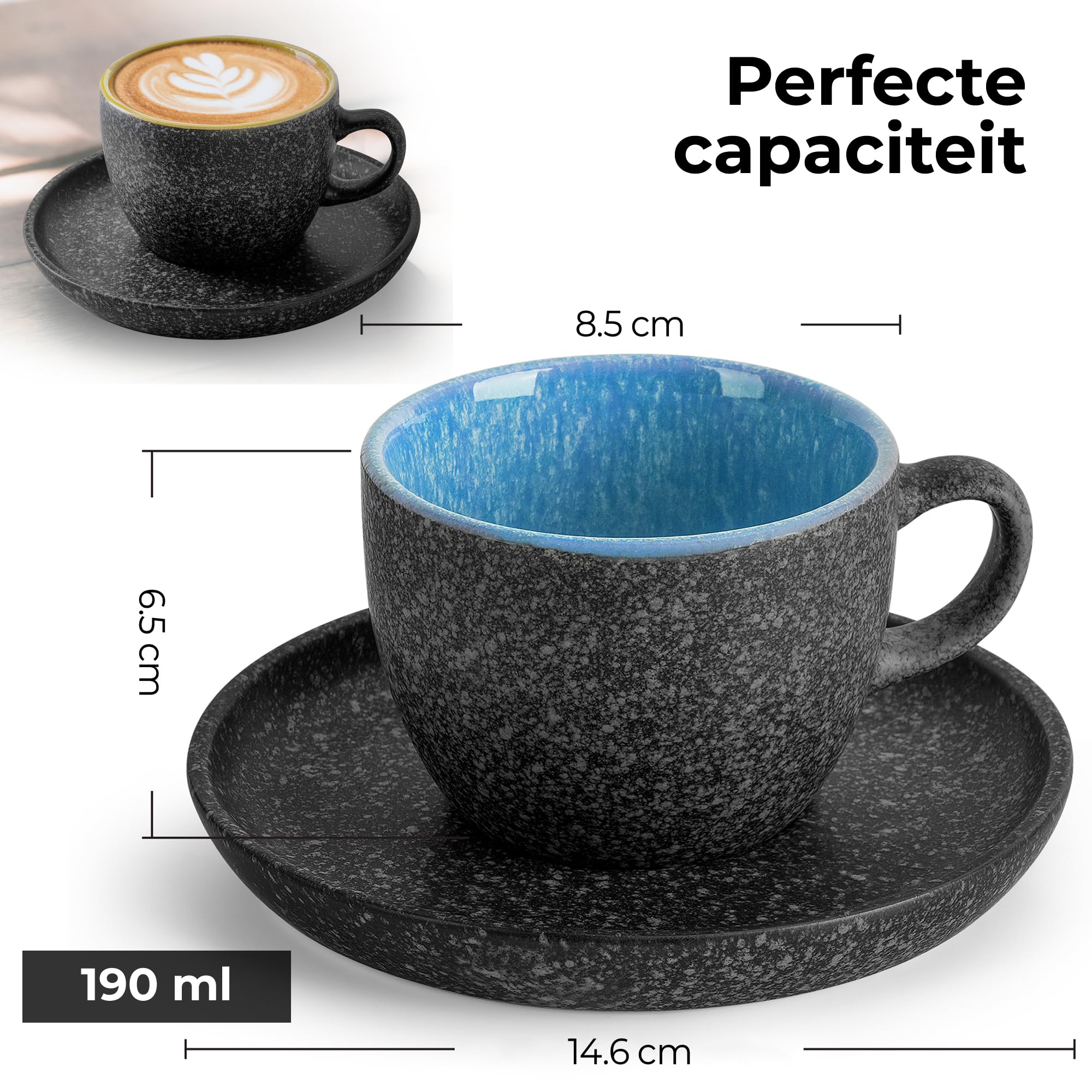 MIAMIO - 190 ml keramische stapelbare cappuccino kopje met schoteltjes en metalen voet - Set van 6 aardewerken cappuccino mokken voor speciale