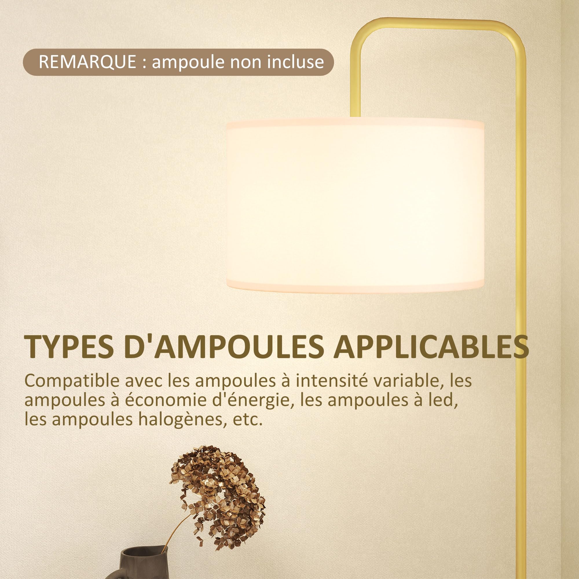 HOMCOM Lampadaire sur Pied Salon Abat-Jour Tissu Effet Lin Doré et Blanc