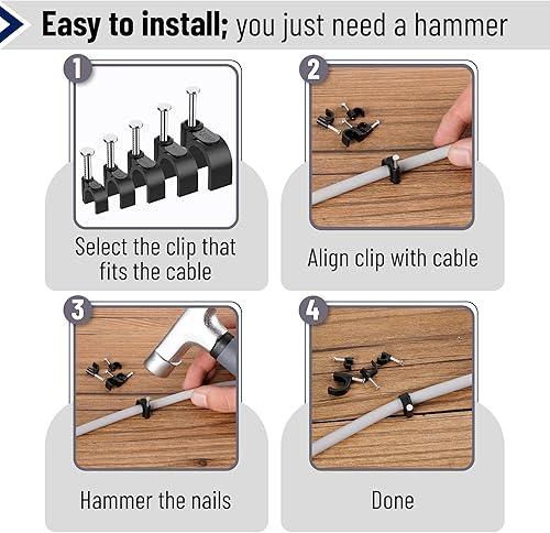 Miniatura 5 de Bates - Clips de cable con clavos de acero, 360 piezas, negro, 0.157 in, 0.197 in, 0.236 in, 0.315 in, 0.394 in, clips de cable para cables en la