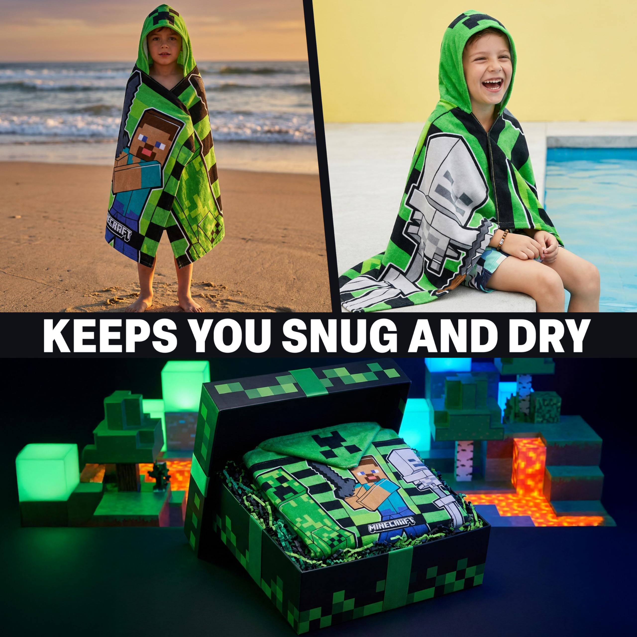Minecraft Asciugamani Bagno con Cappuccio Asciugamano Doccia Ragazzi Creeper Accappatoio Poncho Bambino Telo Mare Bambini Idee Regalo (Verde/Nero, 6-14 Anni)