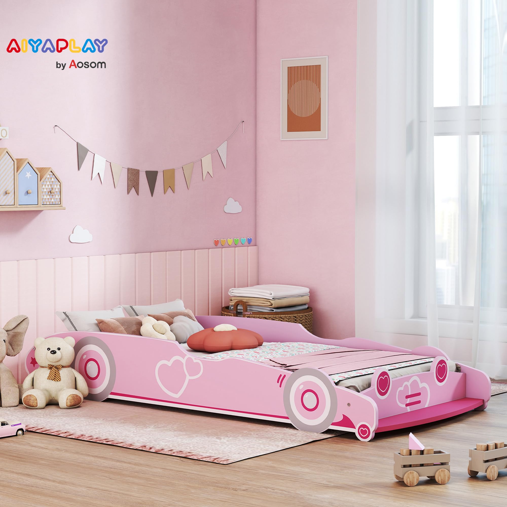 AIYAPLAY Cama Infantil 70x140 cm Forma de Coche con Somier y Barrera Rosa