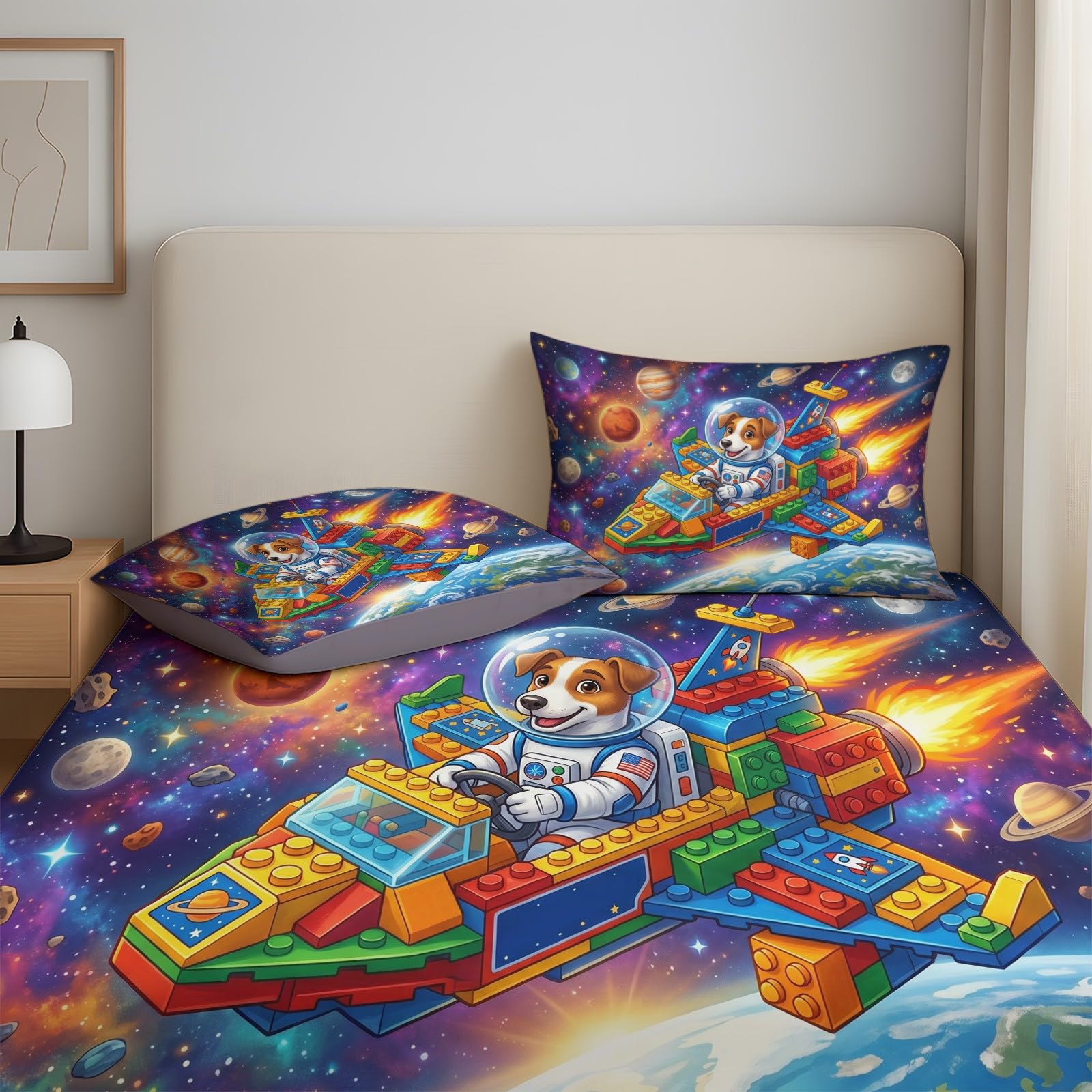 Pojedyncze prześcieradło z gumką z nadrukiem kosmicznym 90 x 190 cm, gęstość splotu 400, kreskówka, astronauta, statek kosmiczny, zestaw pościeli z głęboką kieszenią, prześcieradło i poszewka na