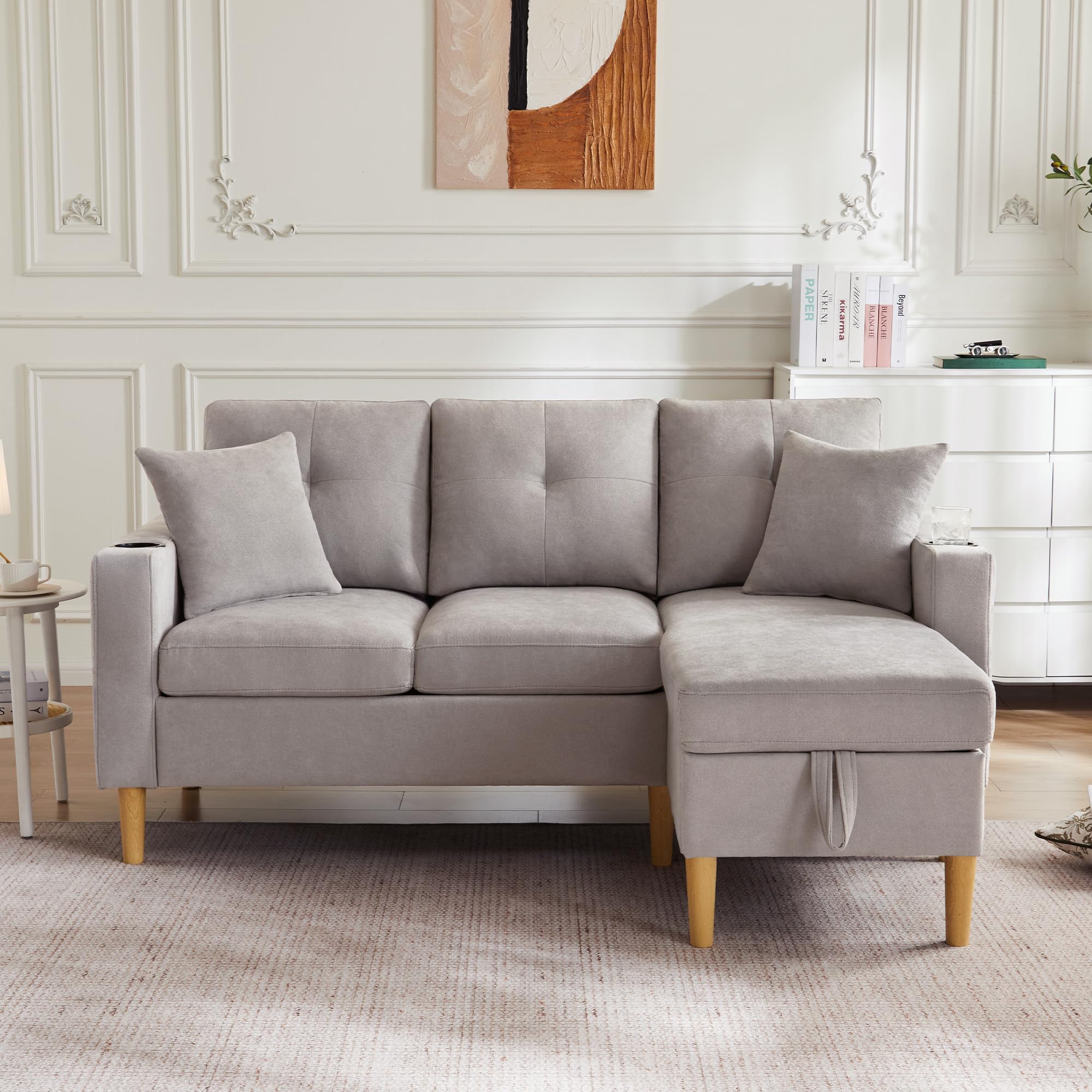 Sofá moderno en forma de L, sofá de 3 plazas con chaise longue, espacio de almacenamiento, soporte integrado para bebidas, viene con 2 almohadas, adecuado para salón, oficina, apartamento, etc., 175 x