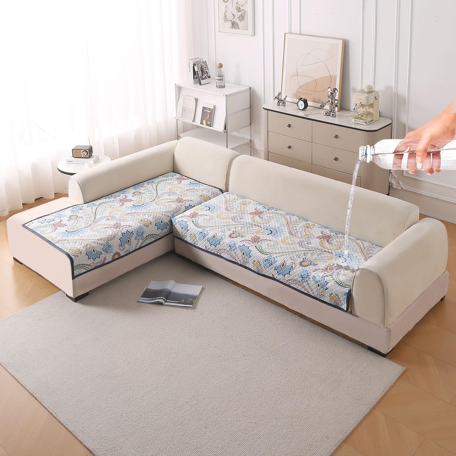 Beige Peony Sofa Cover - L Shape 5 Seater -11