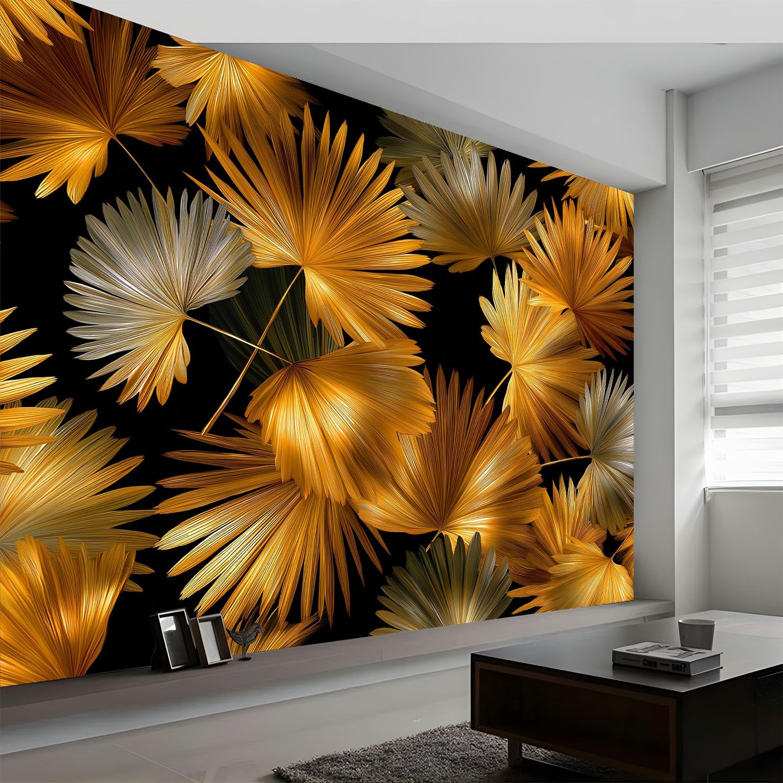 Générique Panoramiczna tapeta botaniczne liście palmowe minimalizm rośliny 350 x 256 cm, gobelin ścienny tapeta - dekoracja ścienna do salonu korytarz włóknina złota tapeta