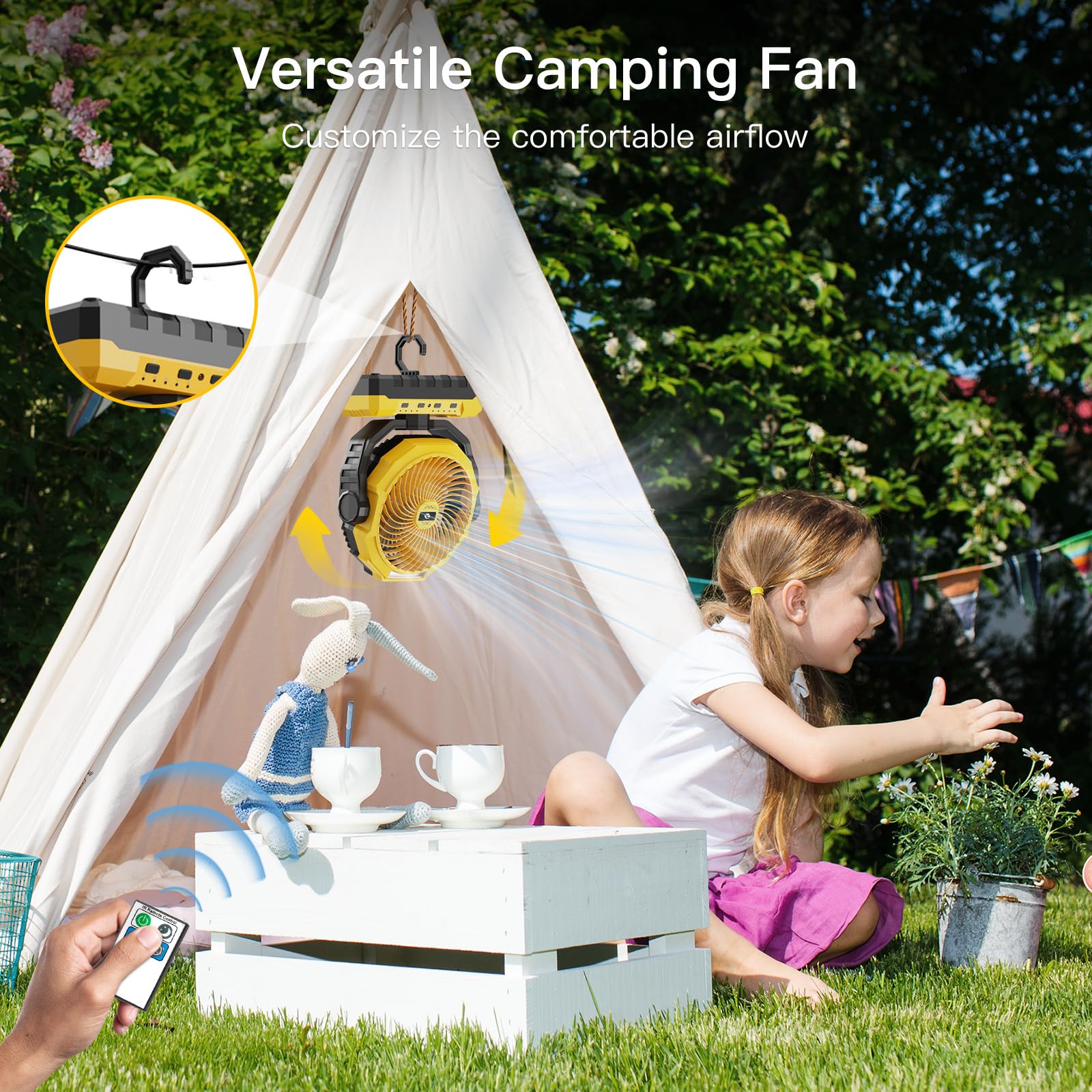 FRIZCOL 3-in-1-Campingventilator, tragbar, wiederaufladbar, 24000 mAh, batteriebetriebener Ventilator (140 Stunden) mit Licht und Fernbedienung für drinnen, draußen, Zelt, Reisen, Grillen, Angeln