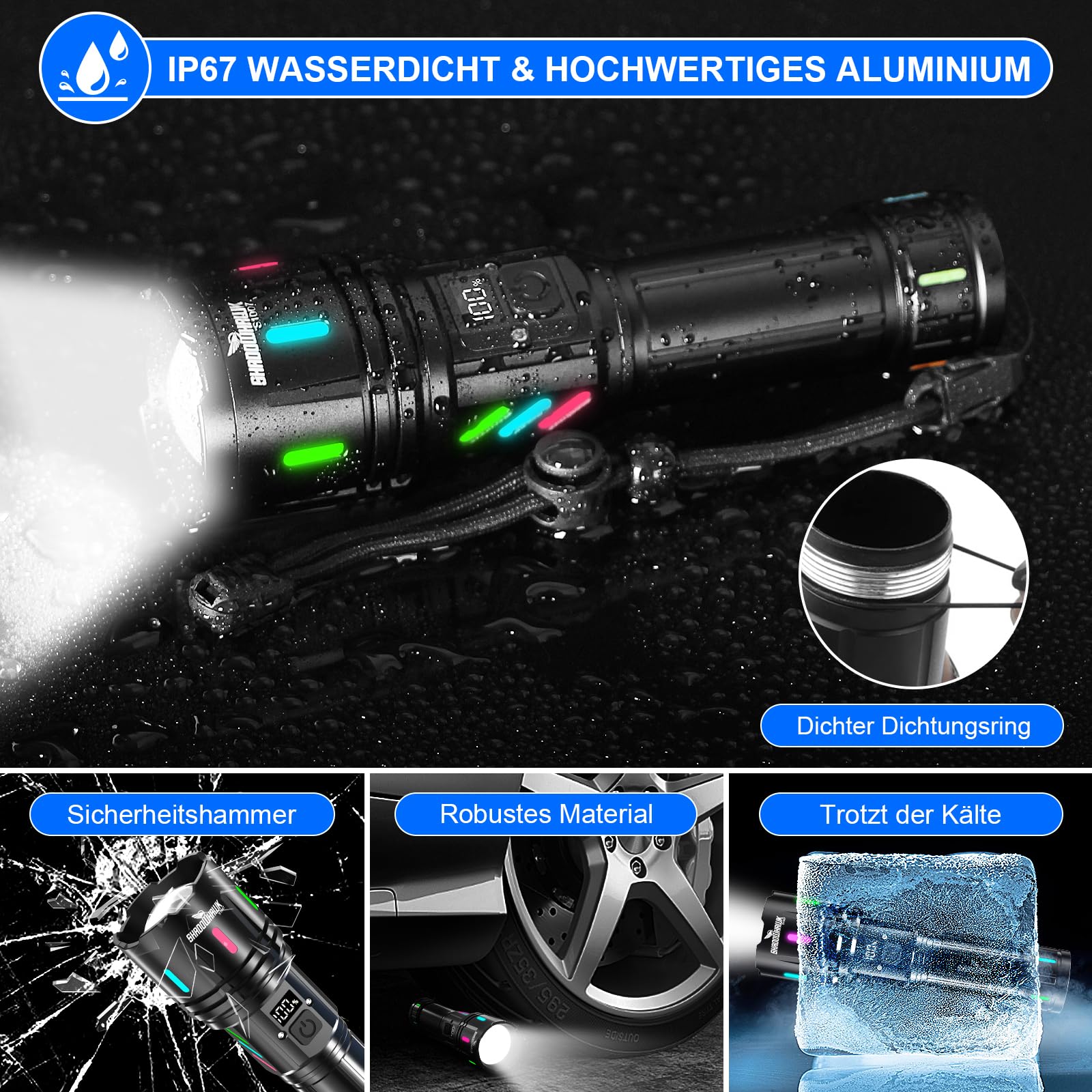Shadowhawk Torcia a LED ricaricabile, 50000 lumen, torcia a LED, estremamente luminosa, XHM90.2, con USB, forte torcia tattica, alimentata a batteria, impermeabile, per emergenze all'aperto