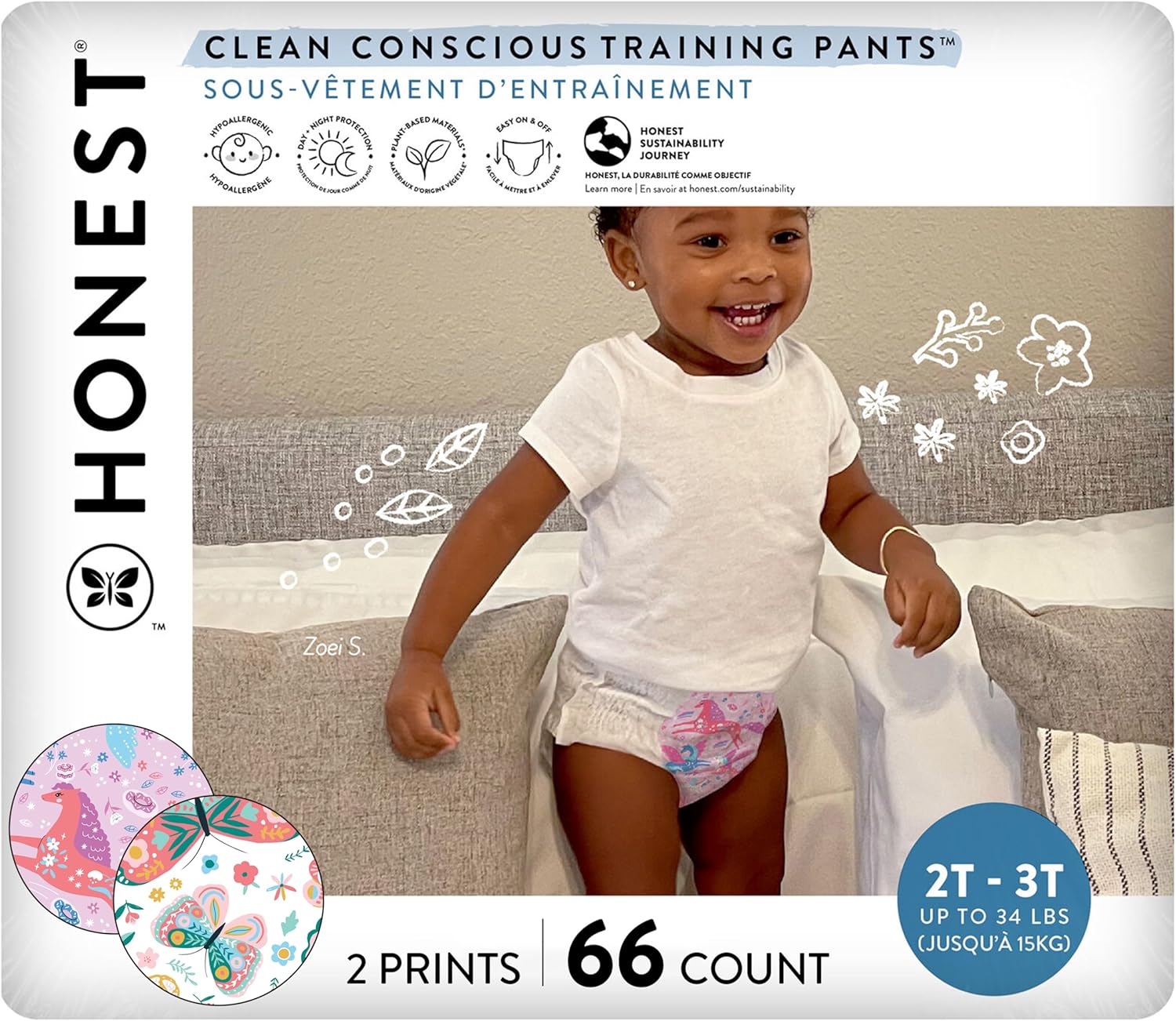 The Honest Company Clean Conscious Training Pants for Sensitive Skin | Hypoallergenic, Fragrance Free | Magical Moments + Butterfly Kisses | Size 2T/3T (up to 34 lbs), 66 Count Magical Moments + Butterfly Kisses Size 2T/3T 66