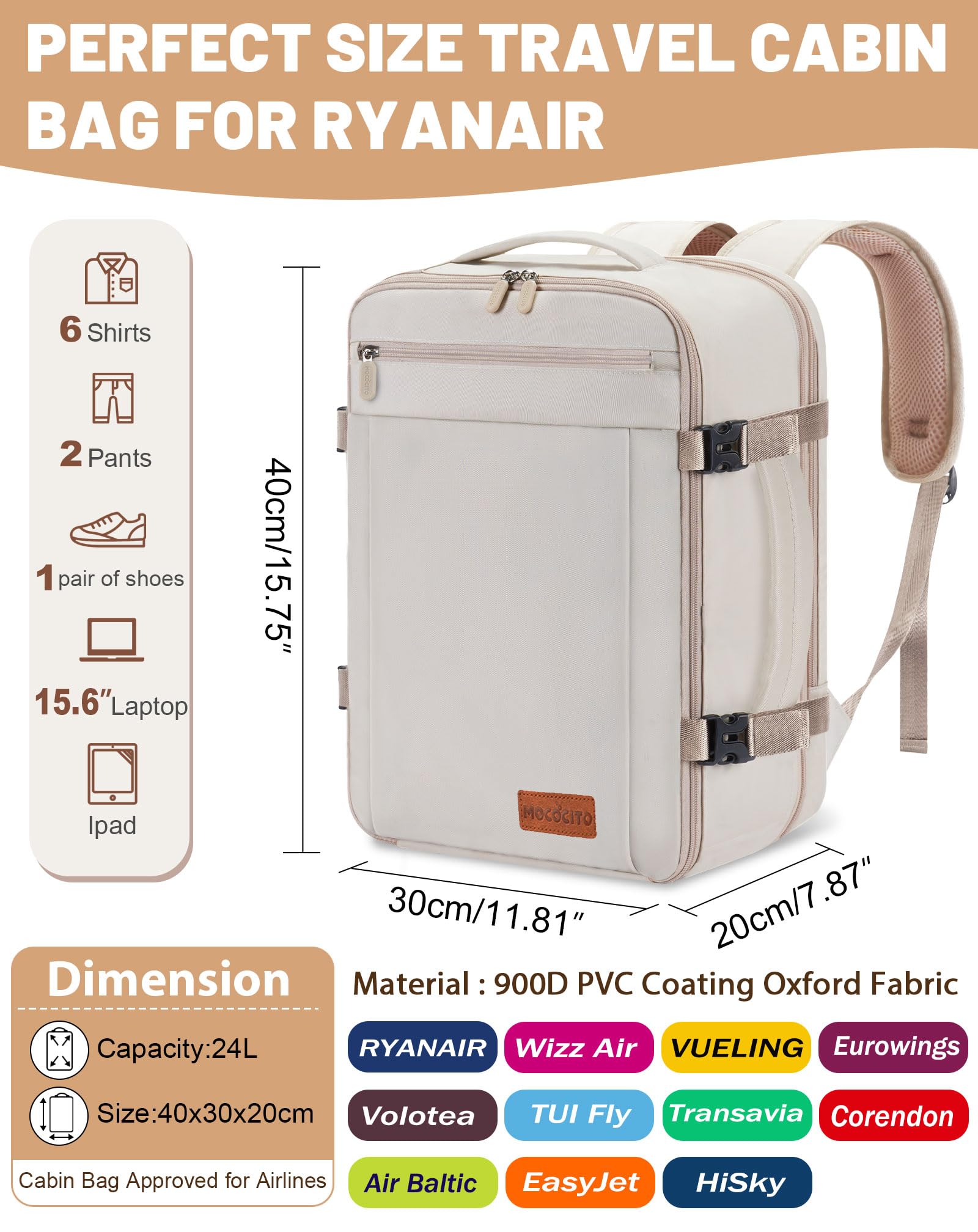 Mochila Viaje Cabina Avion 40x30x20, Maletas de Viaje Cabina para Vueling Impermeable Mochila Equipaje de Mano, 30L Mochila Hombre Mujer Travel Backpack Mochila Portatil(Beige Crema)