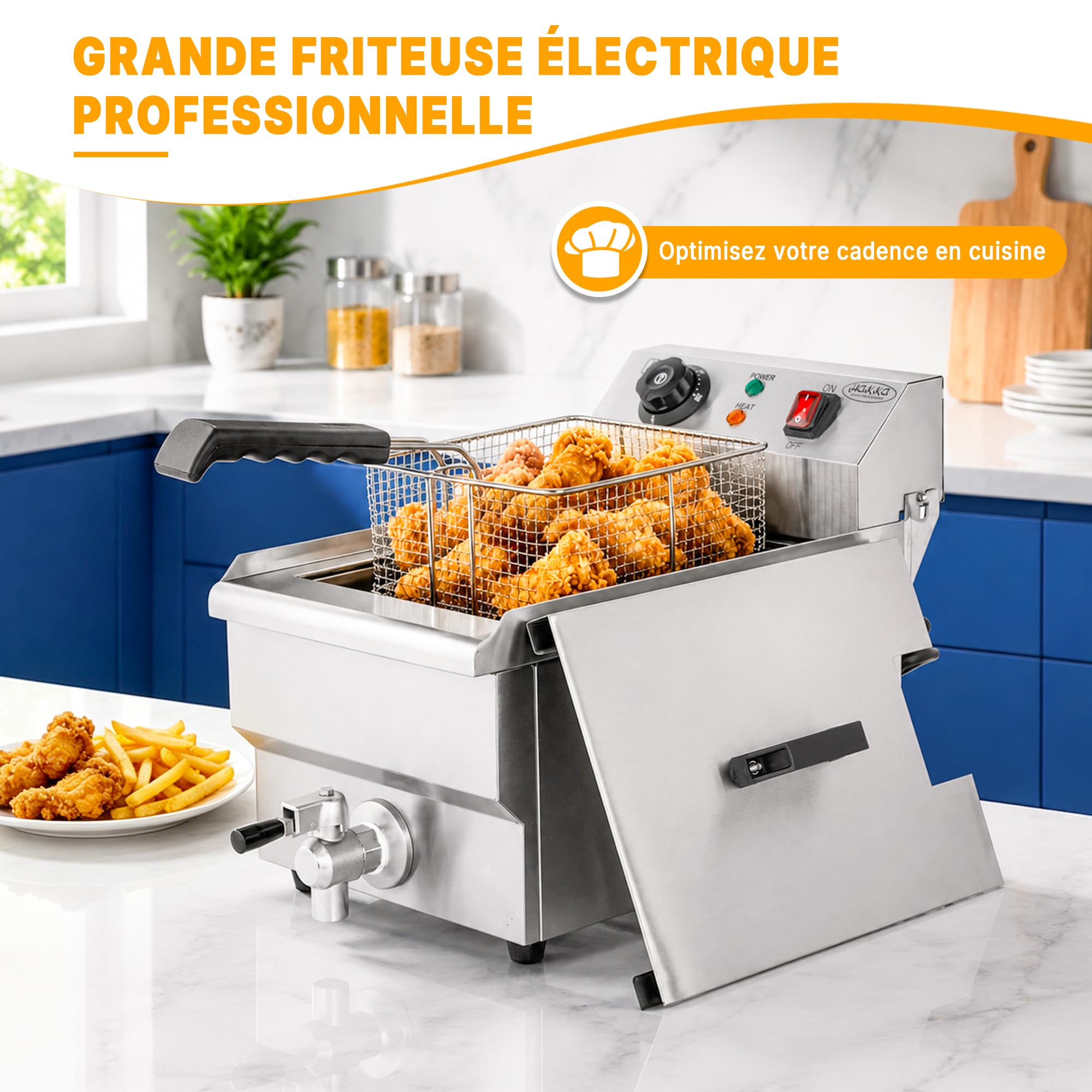Hakka Friteuses électriques Professionnelles, Grande Capacité 10 L, en Acier Iinoxydable, Avec égouttoir, Panier et Couvercle, Cuve Simple(220V, 3000W)