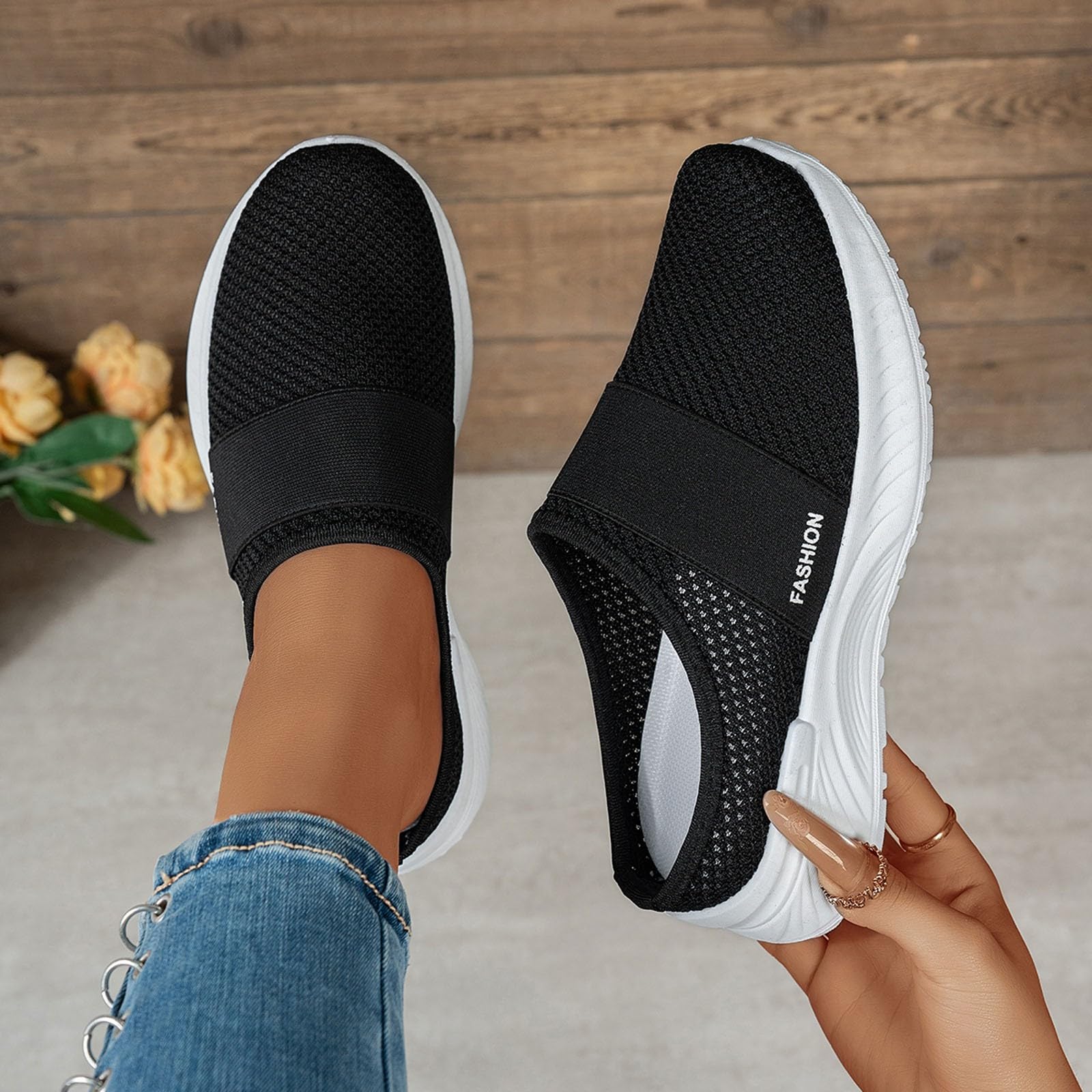 Mules et Sabots Femme en Mesh Respirante, Basket sans Lacet Femme Legere Talon Ouvert, Slip on à Enfiler, Sandales Bout Fermé Rond, Semelle Épaisse Orthopédique | Été, Extérieur, Quotidienne