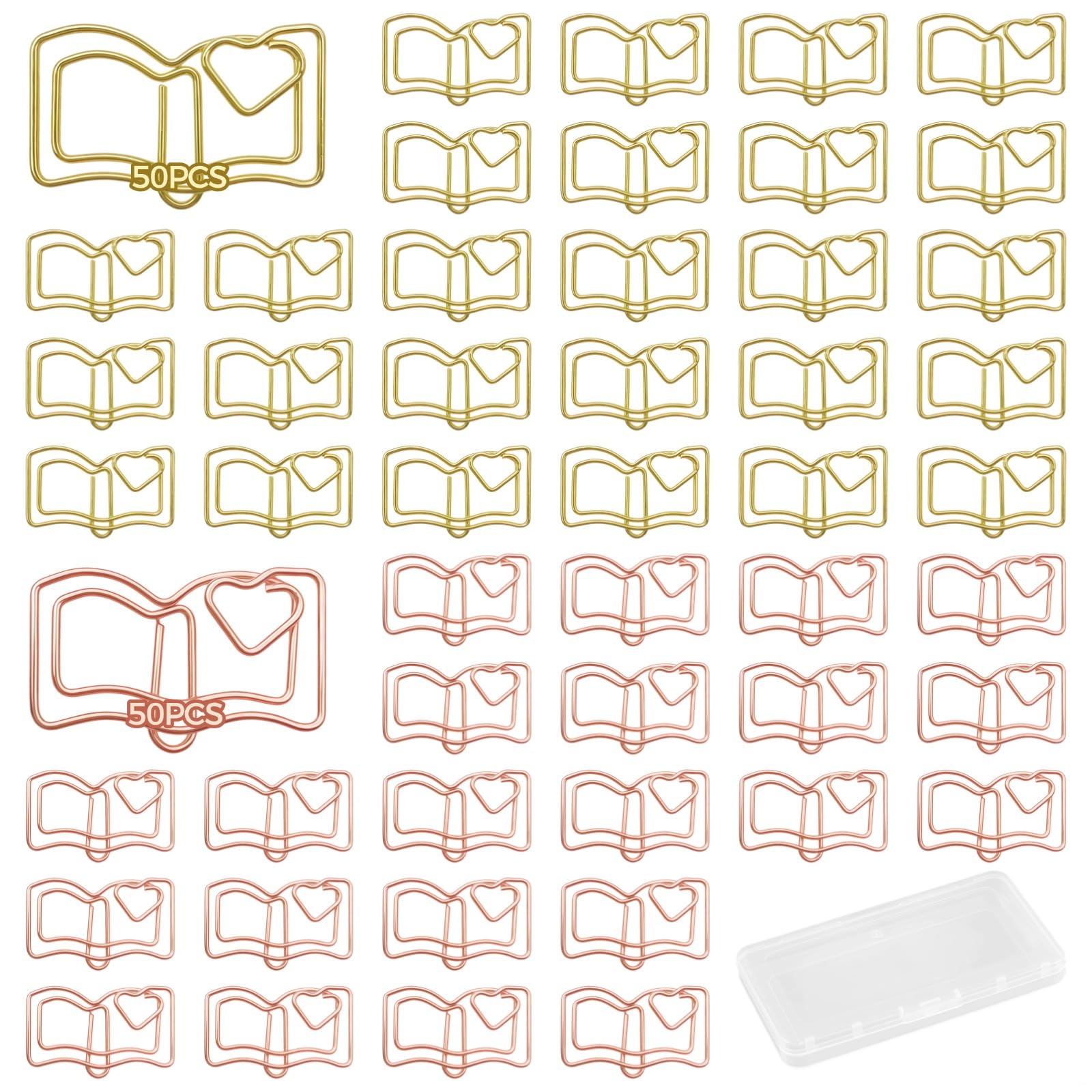 100 clip per libri con motivo a cuore con scatola portaoggetti, clip decorative in metallo, cancelleria oro rosa, forniture per ufficio carine per studenti e lettori