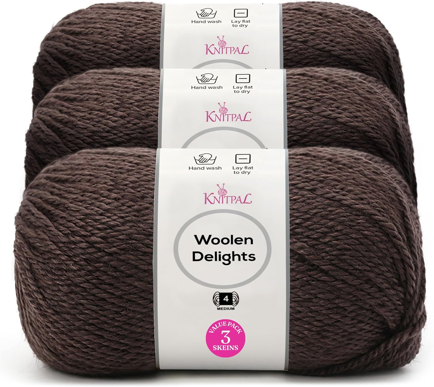 Woolen Delights Soft Wool Yarn for Crocheting, 3-Pack (522Yds / 300G), Free Patterns - #4 Medium Aran/Heavy Worsted Weight Wool Yarn for Knitting - Brown Coffee