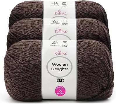 Woolen Delights Soft Wool Yarn for Crocheting, 3-Pack 522Yds / 300G, Free Patterns - #4 Medium Aran/Heavy Worsted Weight Wool Yarn for Knitting - Brown Coffee