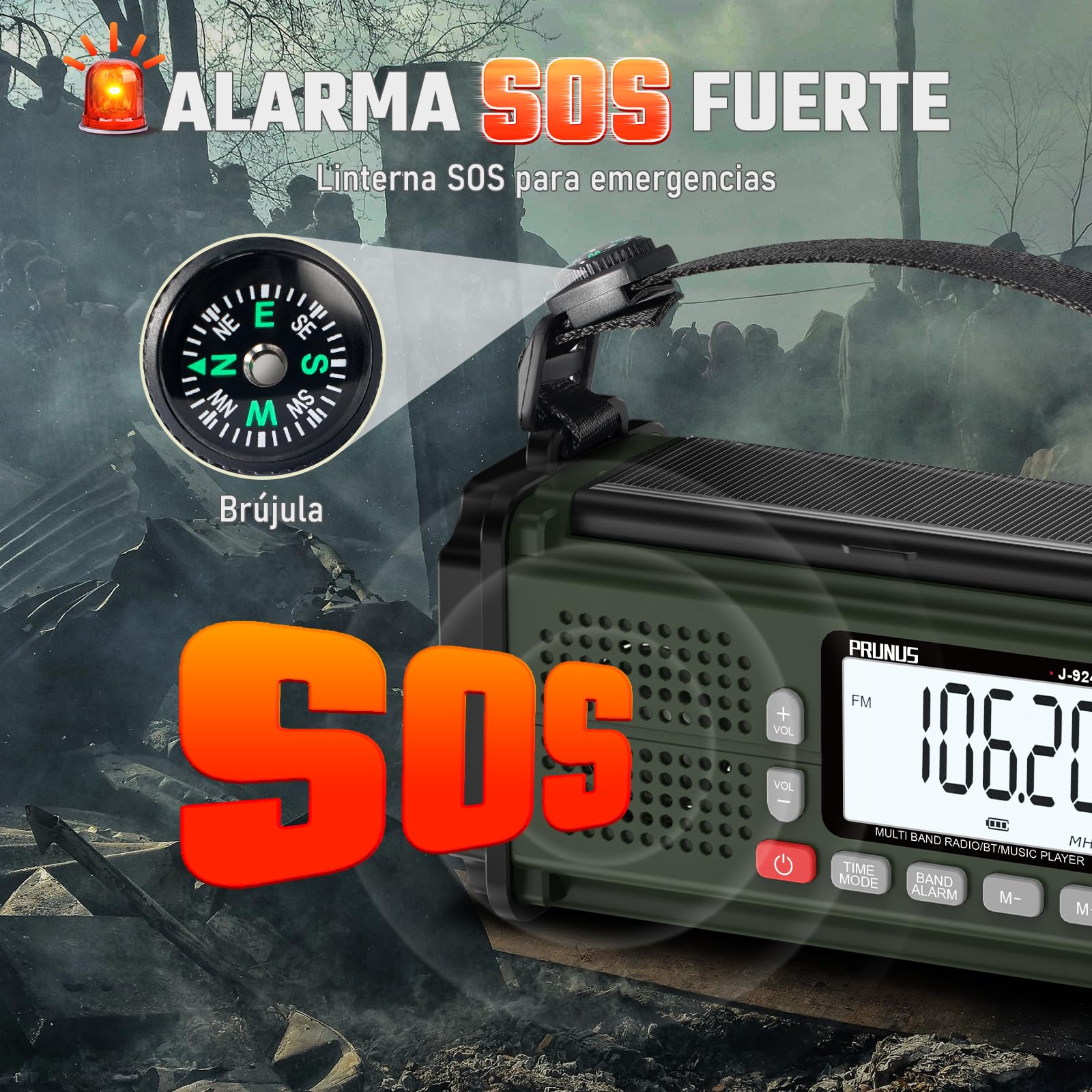 PRUNUS J-924 Am/FM/SW Radio Solar y a Pilas, Radios Digital con Función de Preselección, Radio Portatil Pequeña Recargable de 10000 mAh, Radios Emergencia con Manivela, Linterna, SOS.