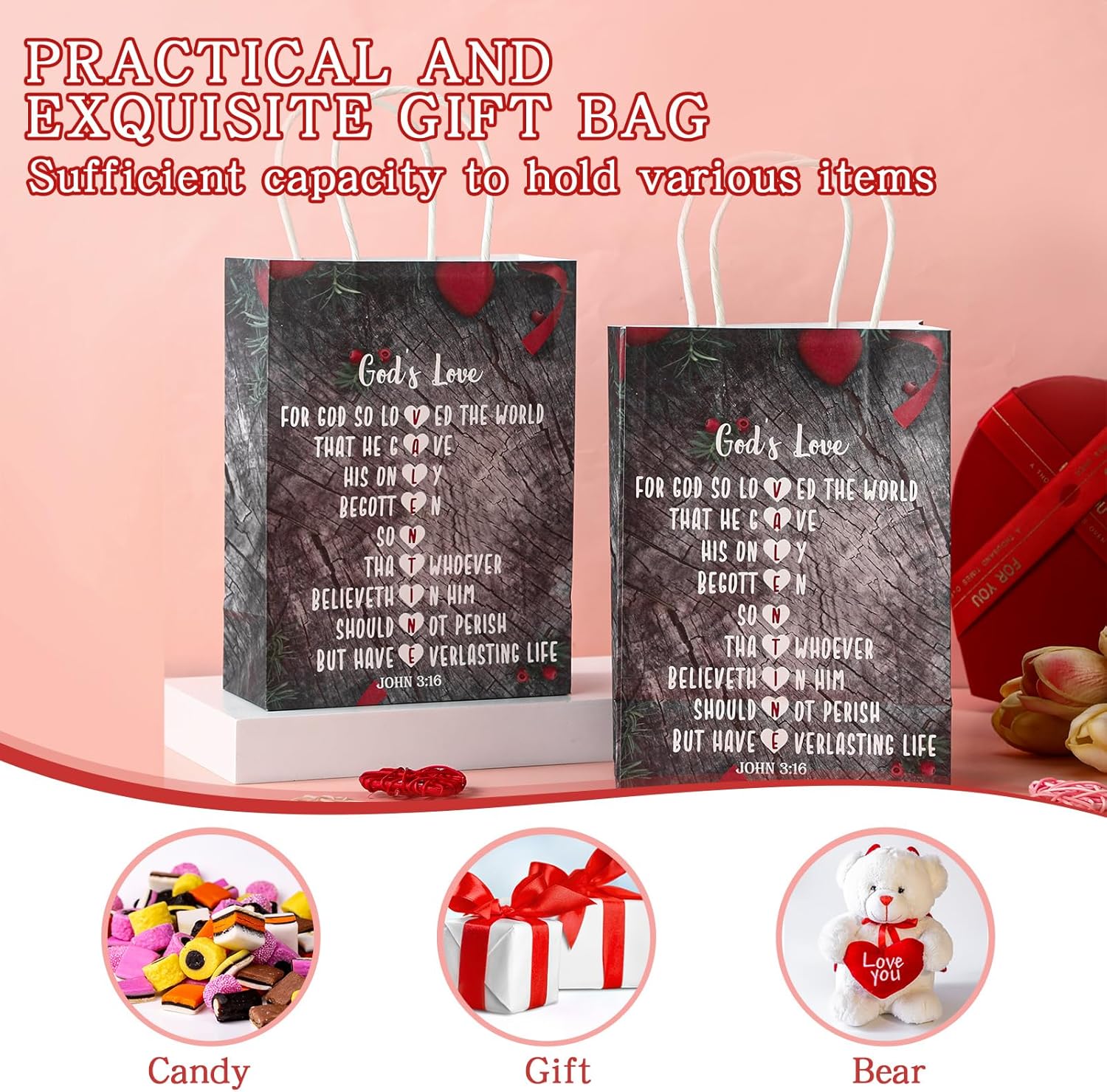 Sweetude 30 Pcs Valentine's Day Christian Gift Bags Religious John 3: 16 Valentine Bags Paper God's Love Bible Verse Treat Totes with Handles for Candy Goodie Party Favors Sunday Church Decorations