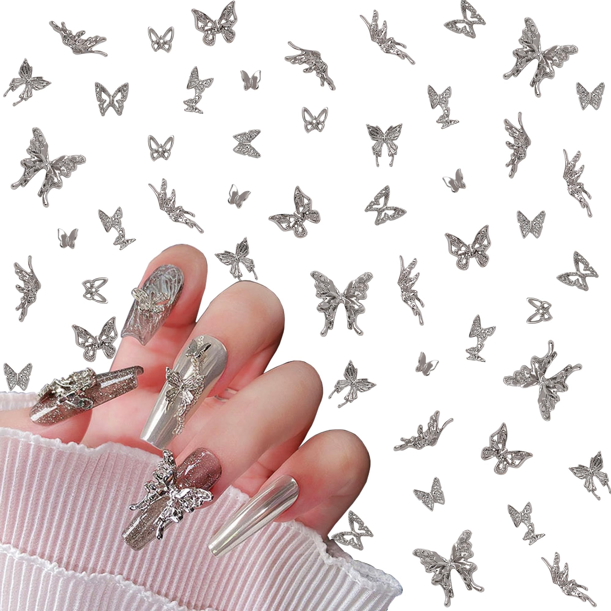 Eseres 50Pcs 3D Silver Butterfly Nail Charms for Nail Designs Y2K Nails Art Decoration DIY Crafts
