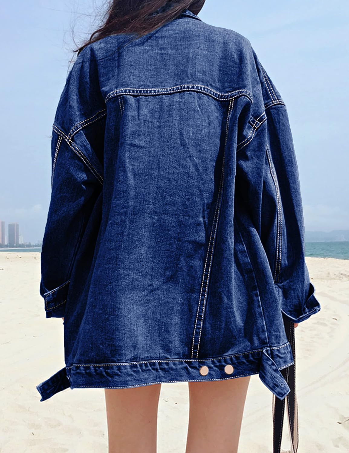Gozoloma Women's Casual Loose Oversized Denim Jacket Long Sleeved Button Jean Jacket Coat Tops - Image 7