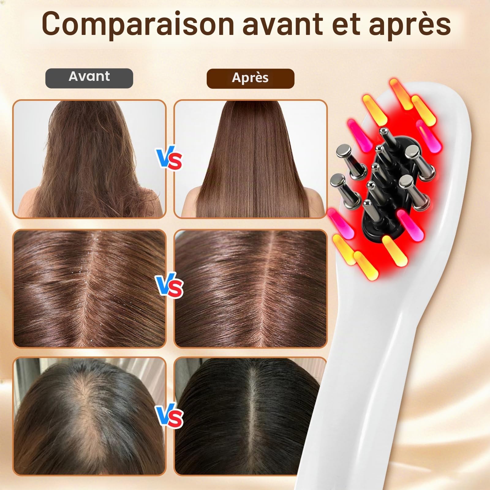 Brosse de Massage É‌lectrique Pour le Cuir Chevelu, Brosse de Massage Portable Pour la Tête à Lumière Rouge et Bleue, Microcourant EMS et Vibration, Favorise la Croissance des Cheveux