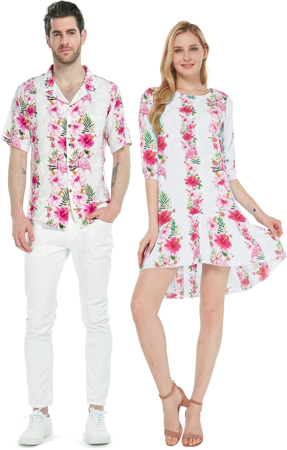 Couple Matching Hawaiian Luau Shirt 3/4 Sleeve Ruffle Dress in Pink Hibiscus Vine